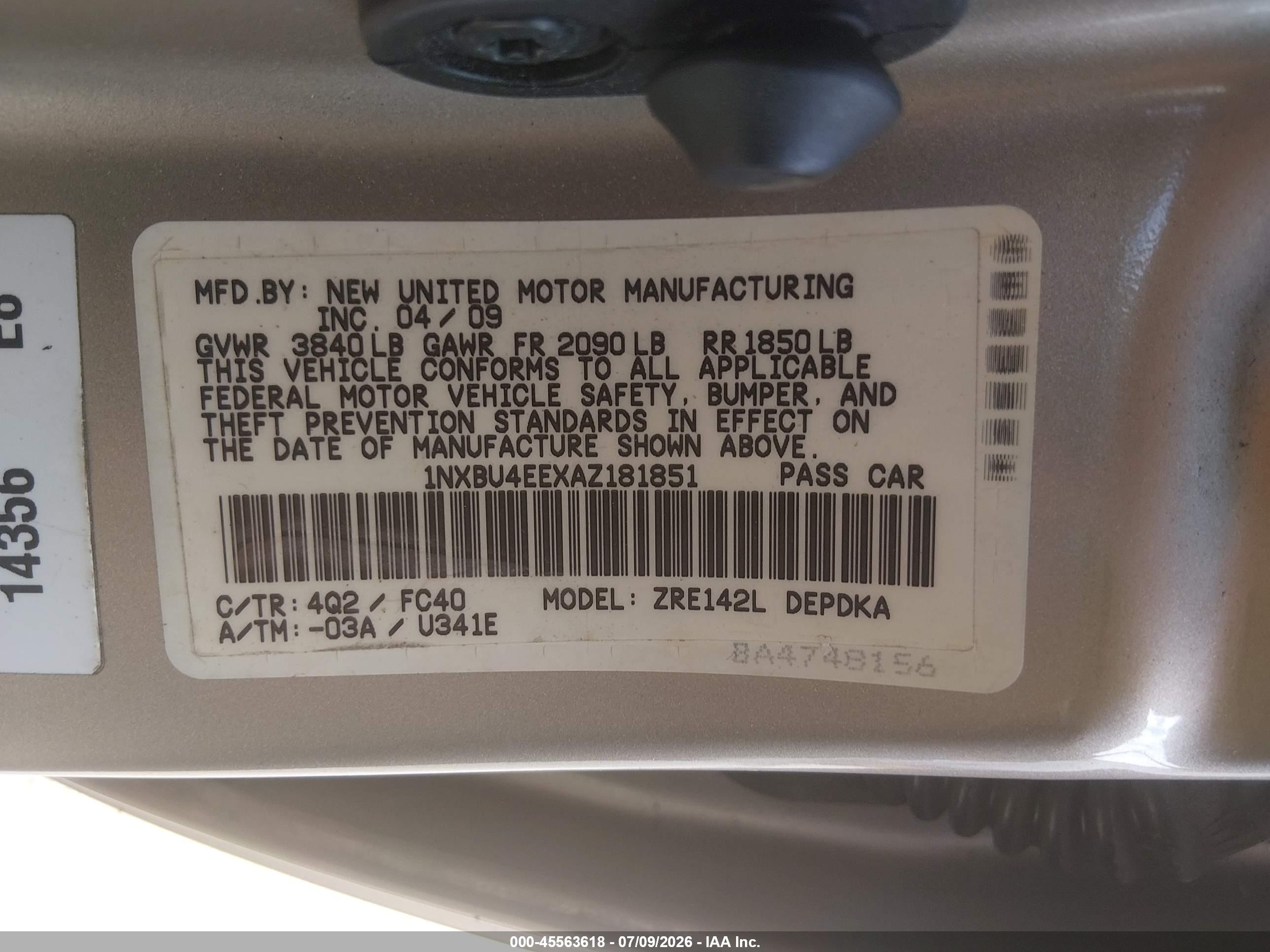 2010 Toyota Corolla Le Gold vin: 1NXBU4EEXAZ181851