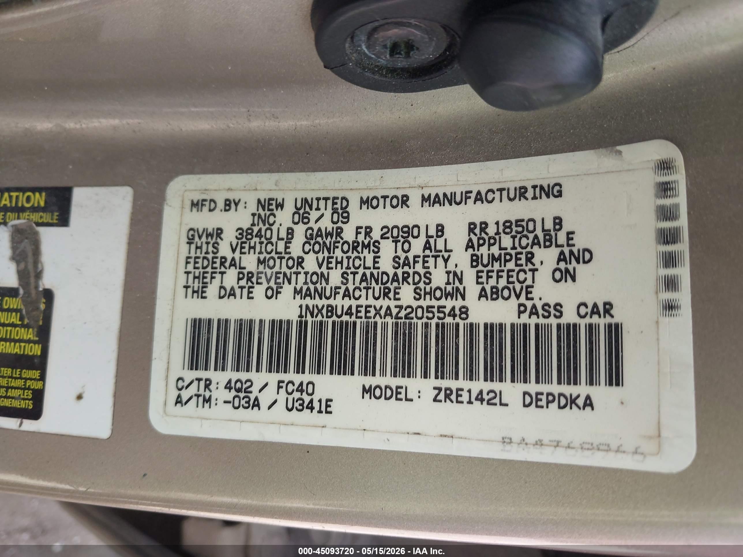 2010 Toyota Corolla Le Cream vin: 1NXBU4EEXAZ205548