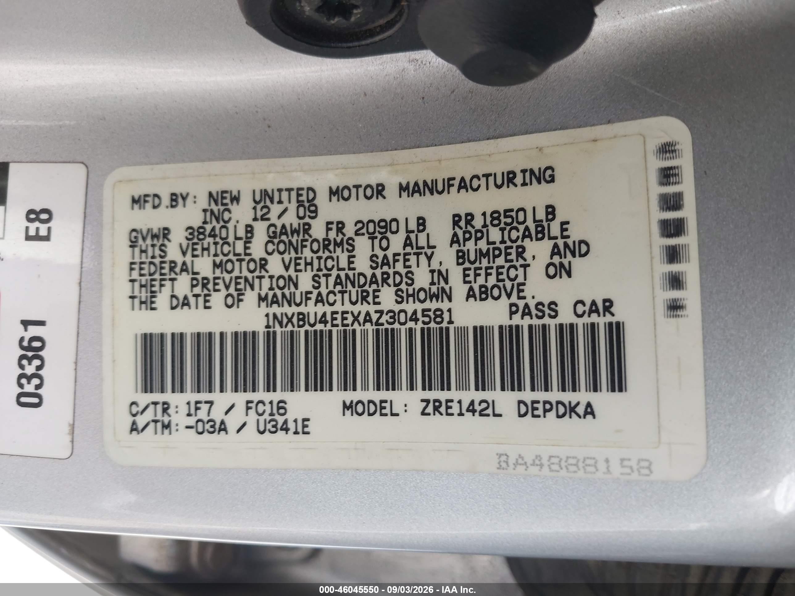 2010 Toyota Corolla Le Silver vin: 1NXBU4EEXAZ304581