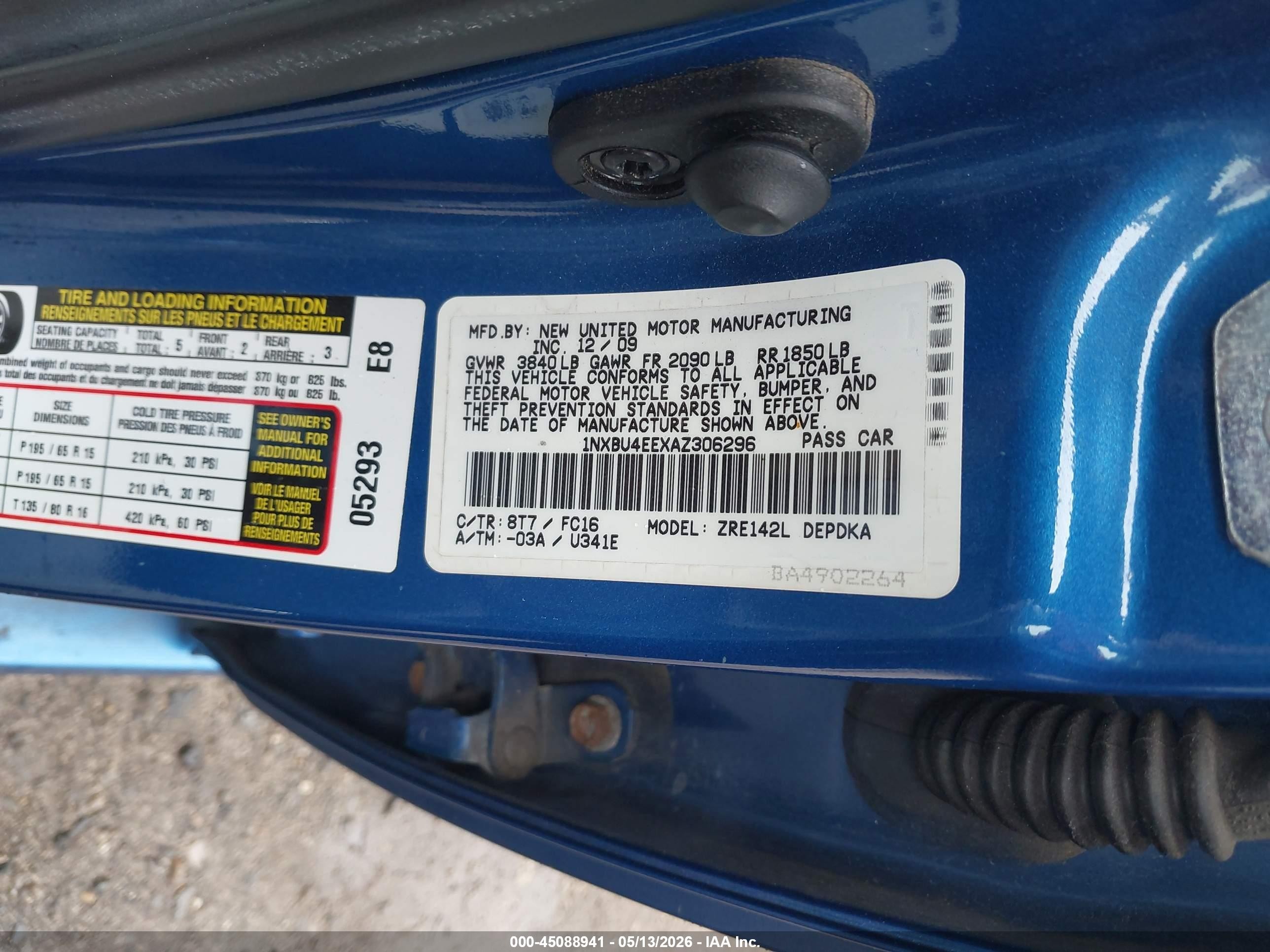 2010 Toyota Corolla Le Blue vin: 1NXBU4EEXAZ306296