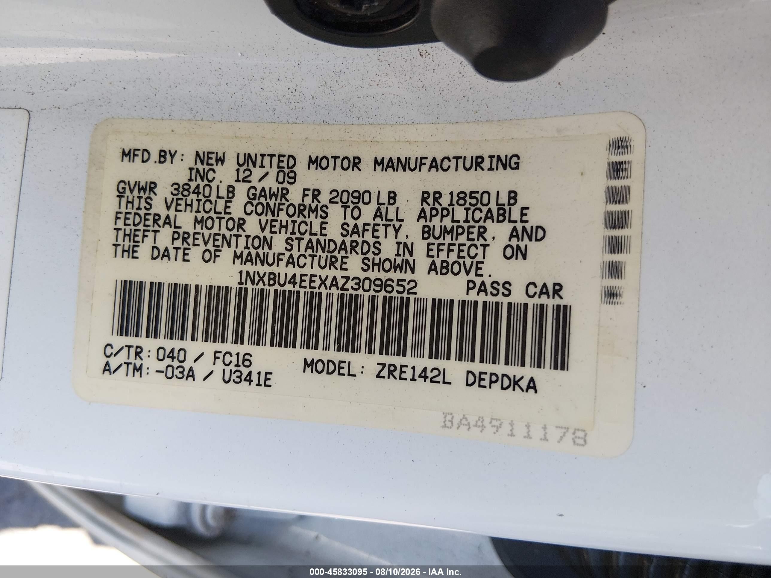 2010 Toyota Corolla Le Белый vin: 1NXBU4EEXAZ309652