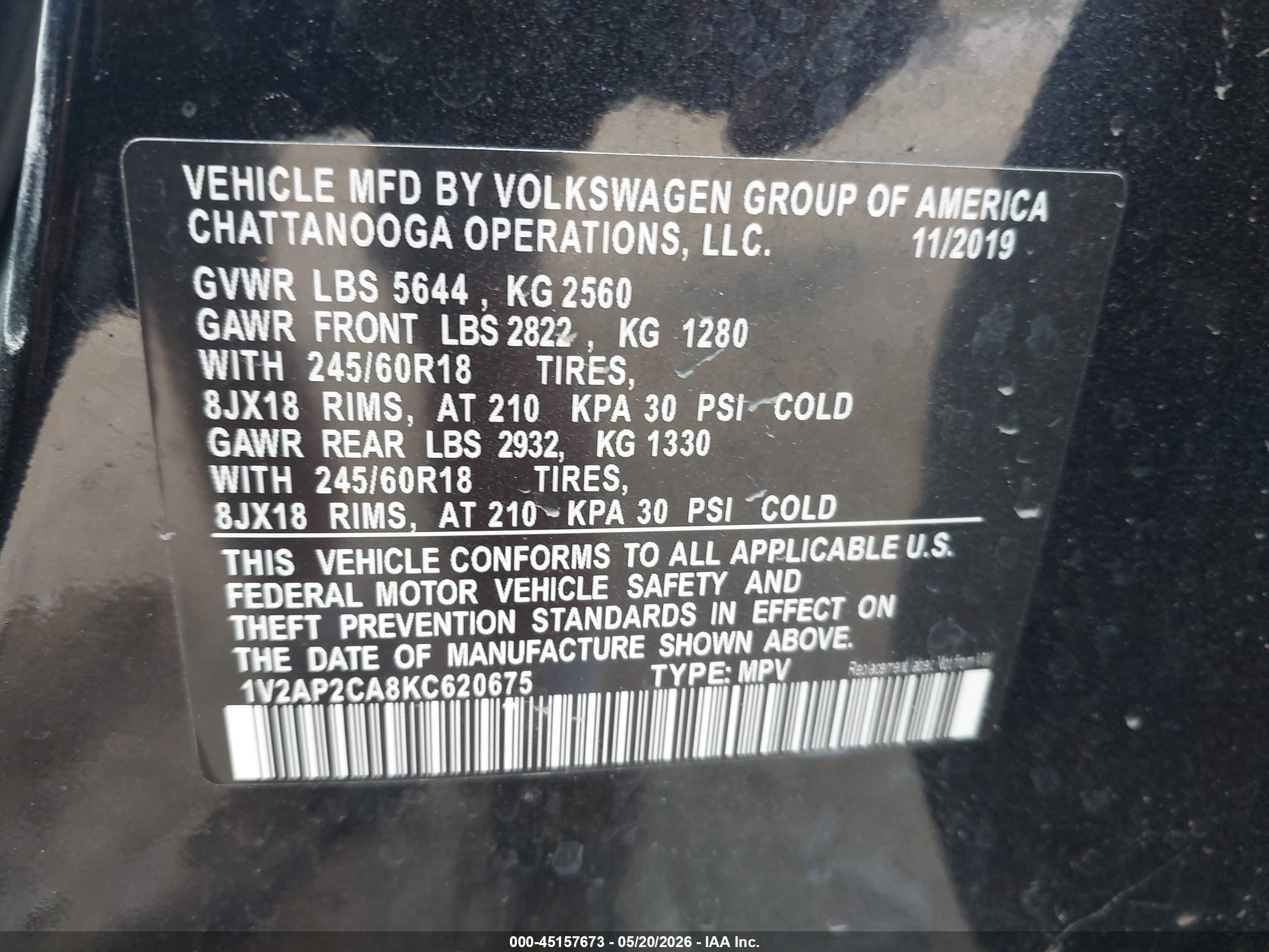 2019 Volkswagen Atlas 2.0t S Черный vin: 1V2AP2CA8KC620675