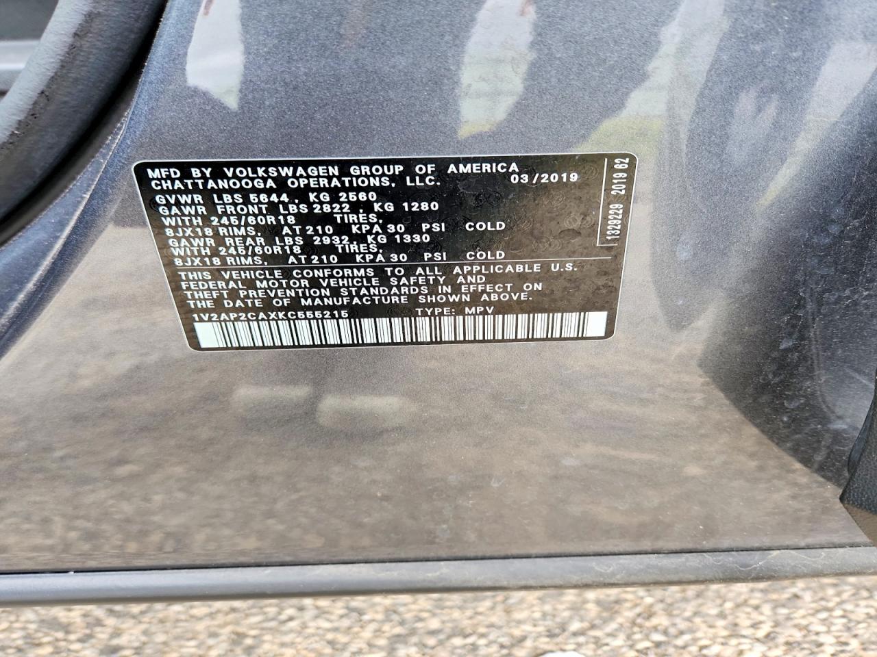 2019 Volkswagen Atlas S Gray vin: 1V2AP2CAXKC555215