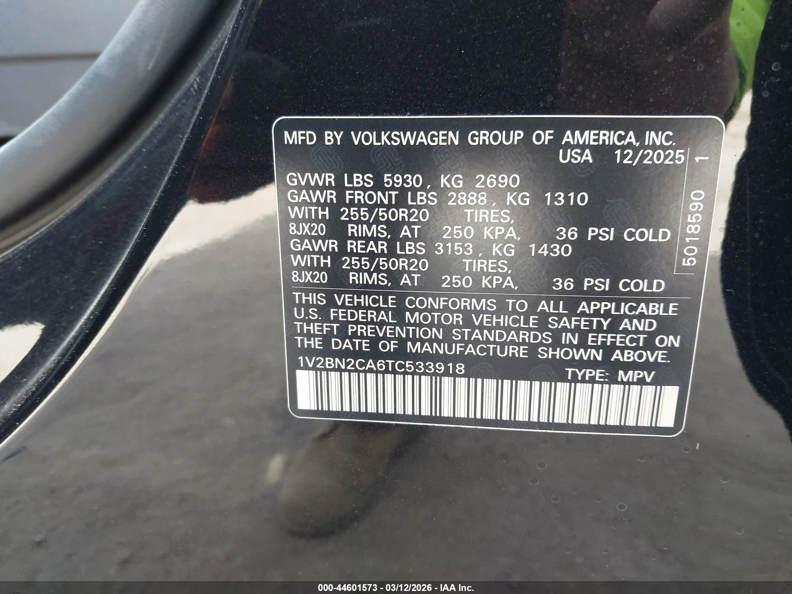 2026 Volkswagen Atlas Sel Black vin: 1V2BN2CA6TC533918