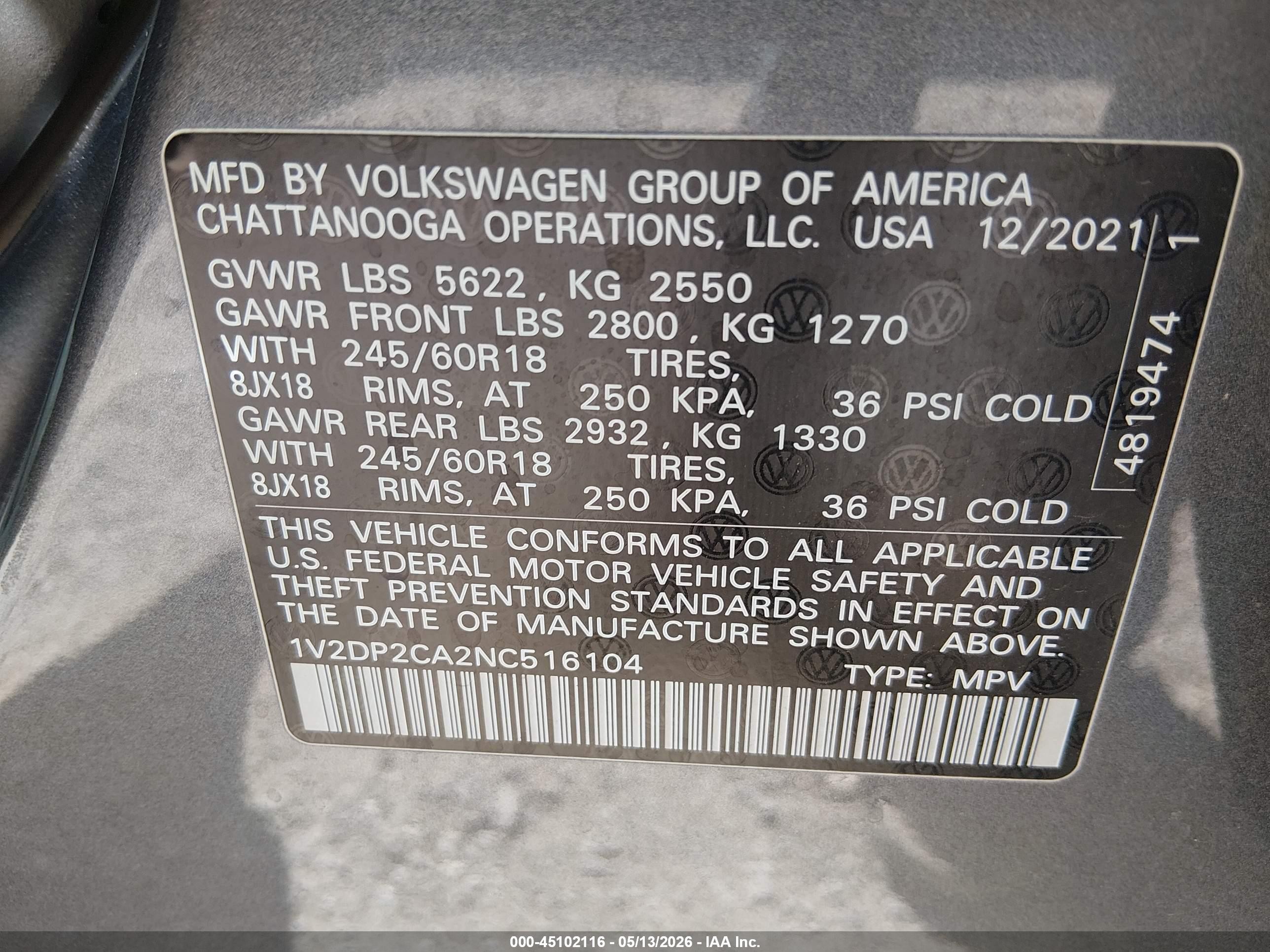 2022 Volkswagen Atlas 2.0t Se Gray vin: 1V2DP2CA2NC516104