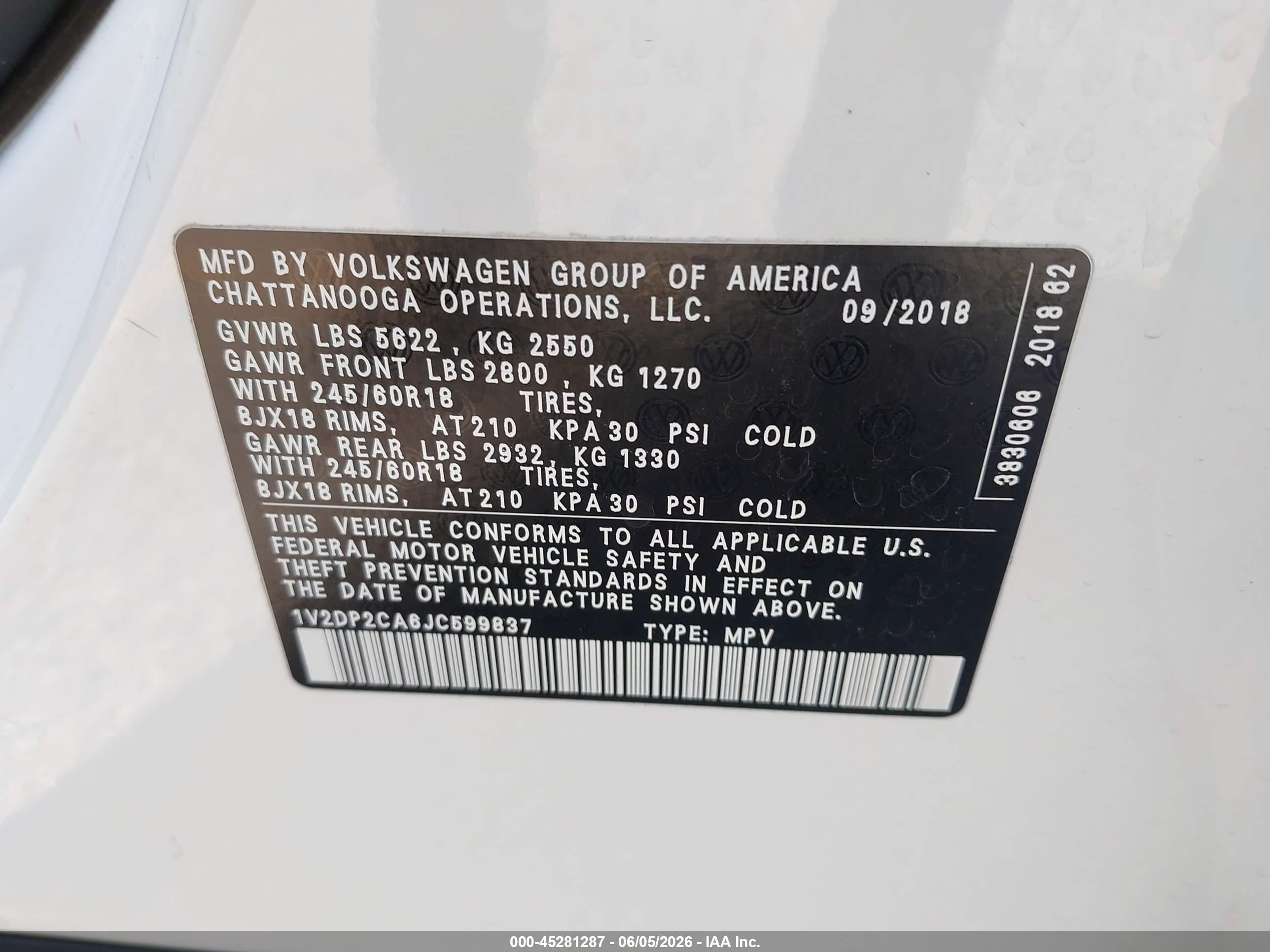 2018 Volkswagen Atlas 2.0t Se/2.0t Se W/technology White vin: 1V2DP2CA6JC599837