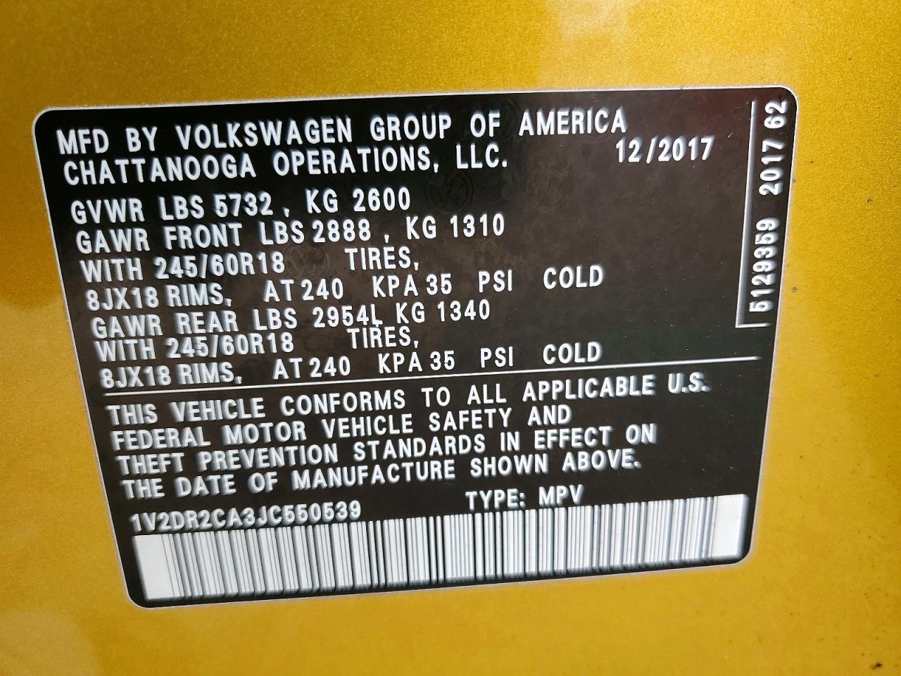 2018 Volkswagen Atlas Gold vin: 1V2DR2CA3JC550539