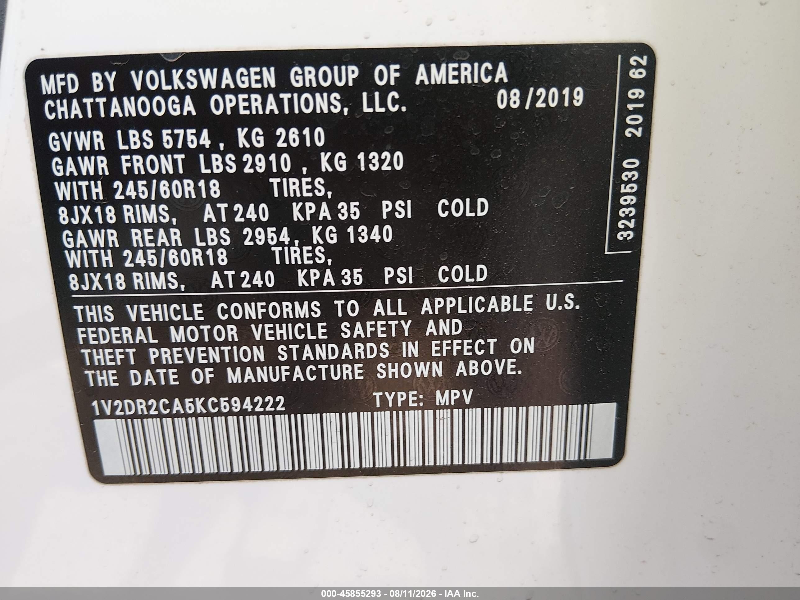 2019 Volkswagen Atlas 3.6l V6 Se White vin: 1V2DR2CA5KC594222
