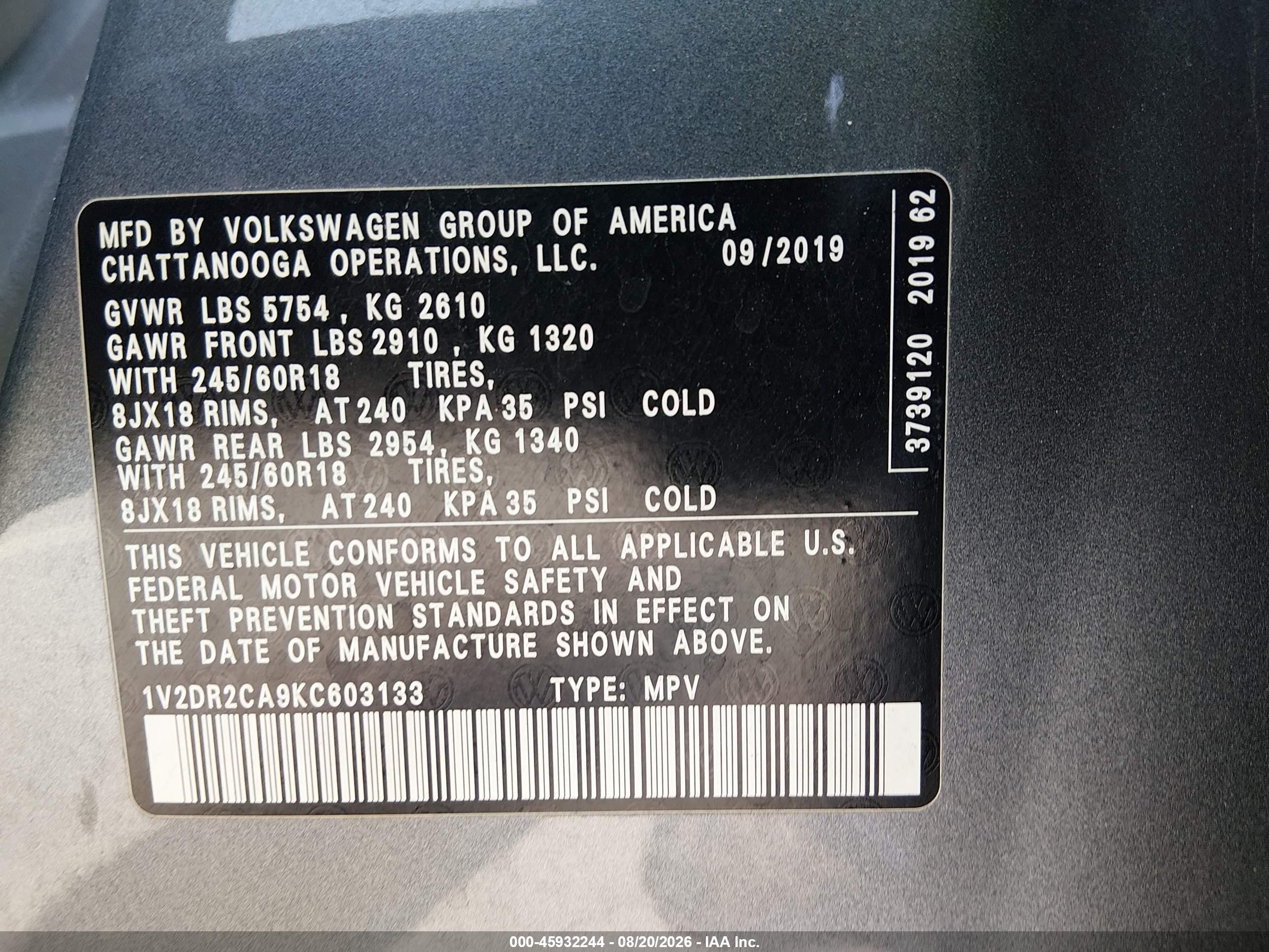 2019 Volkswagen Atlas 3.6l V6 Se Серый vin: 1V2DR2CA9KC603133