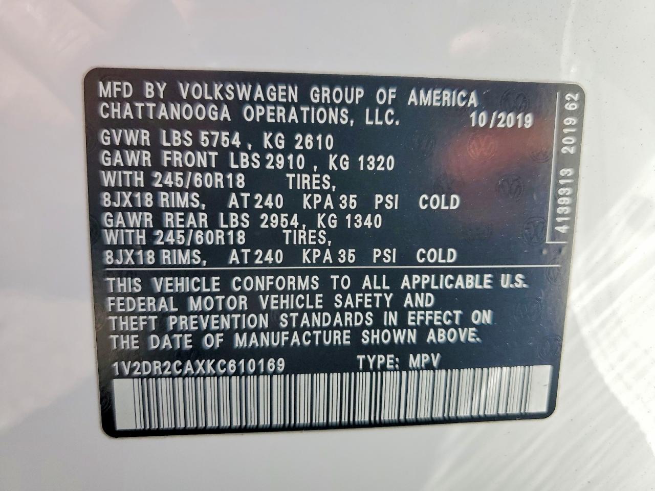 2019 Volkswagen Atlas Se Белый vin: 1V2DR2CAXKC610169