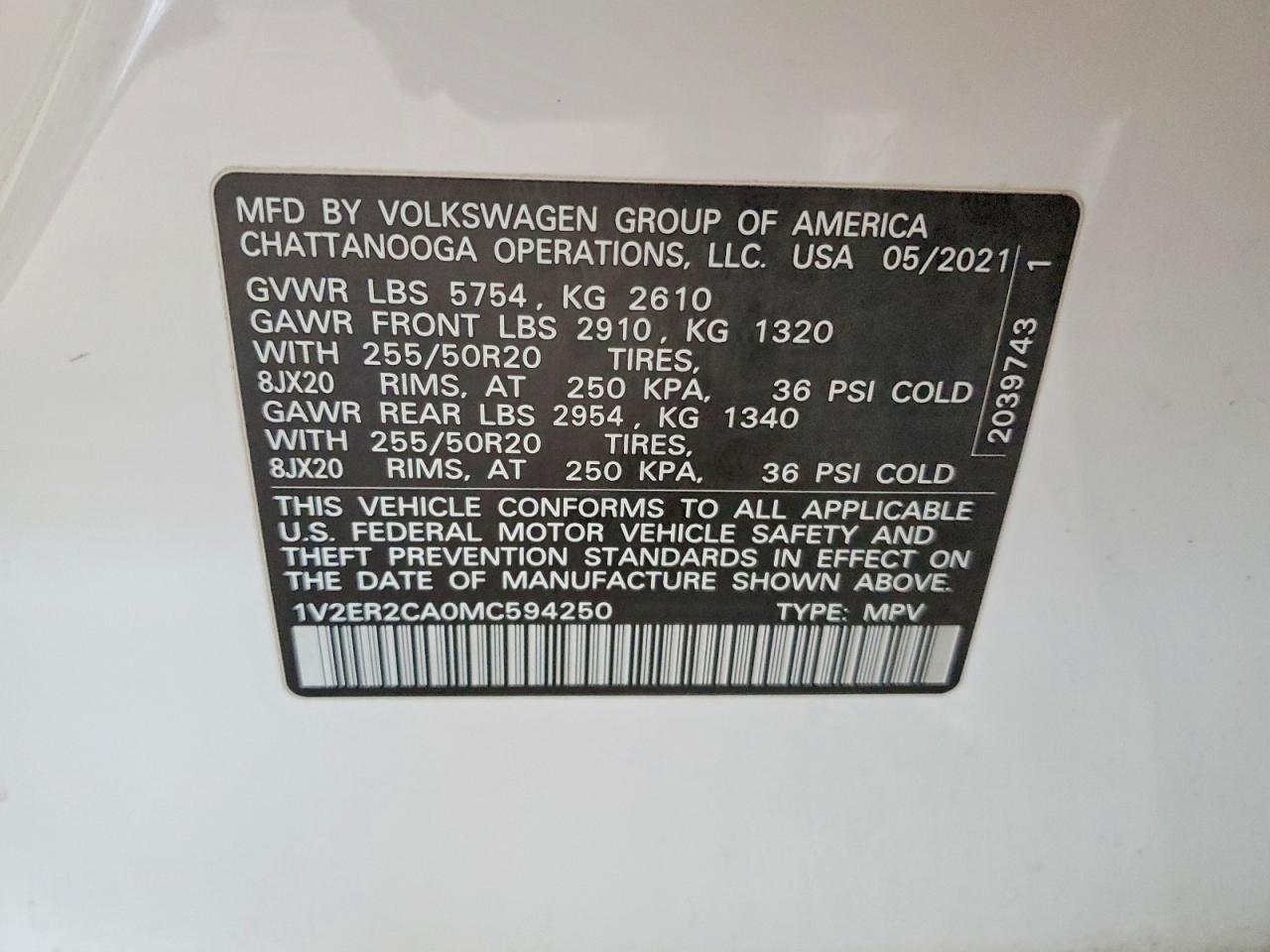 2021 Volkswagen Atlas Sel Белый vin: 1V2ER2CA0MC594250