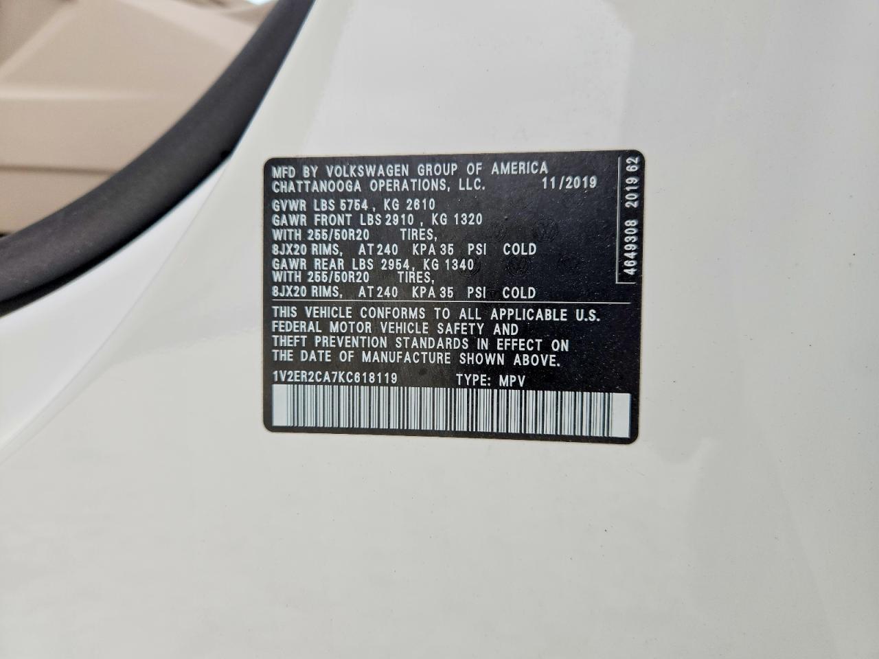 2019 Volkswagen Atlas Sel White vin: 1V2ER2CA7KC618119