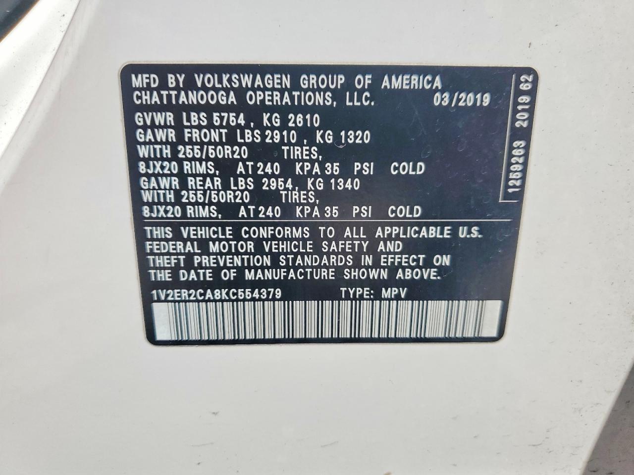 2019 Volkswagen Atlas Sel White vin: 1V2ER2CA8KC554379