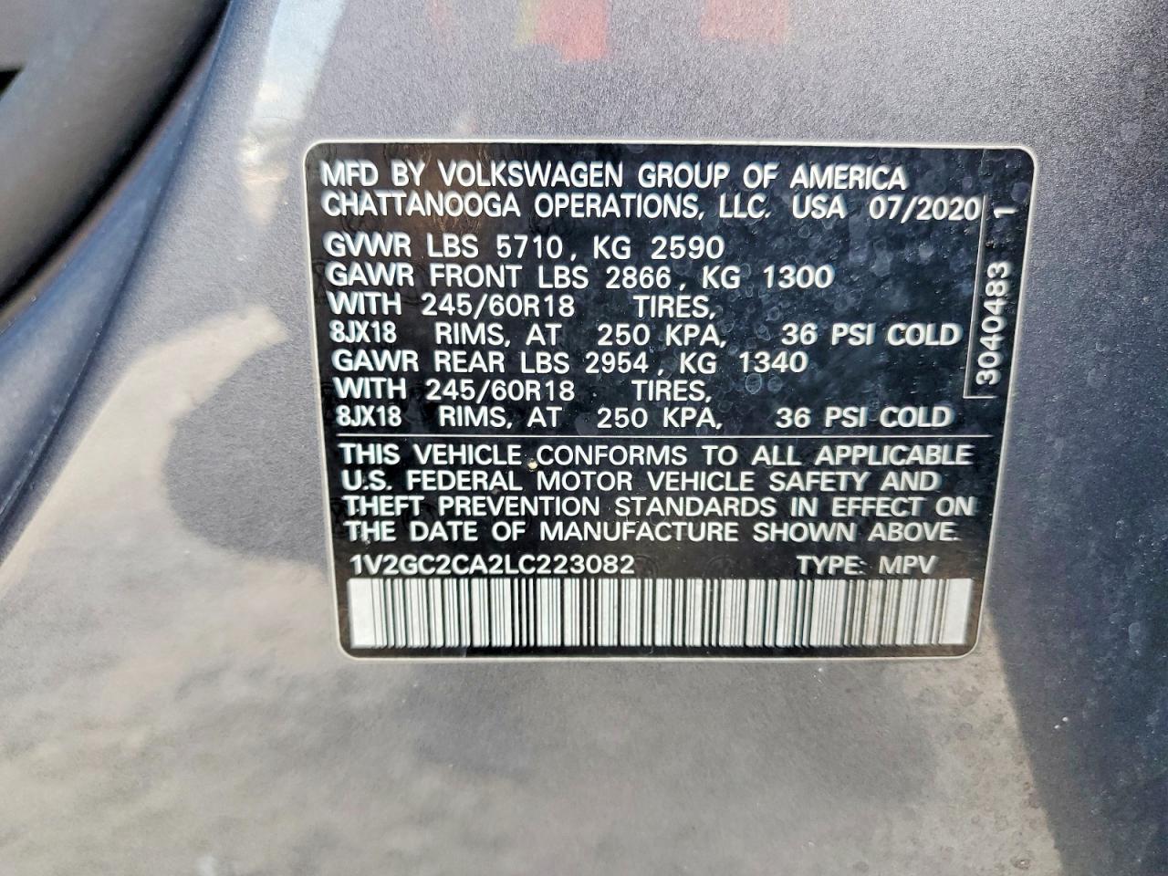 2020 Volkswagen Atlas Cross Sport S Gray vin: 1V2GC2CA2LC223082