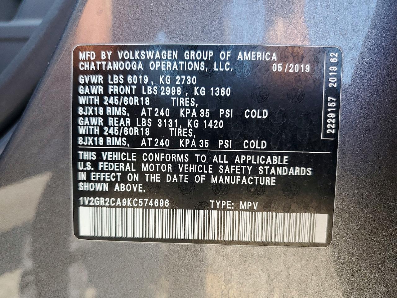 2019 Volkswagen Atlas S Gray vin: 1V2GR2CA9KC574696