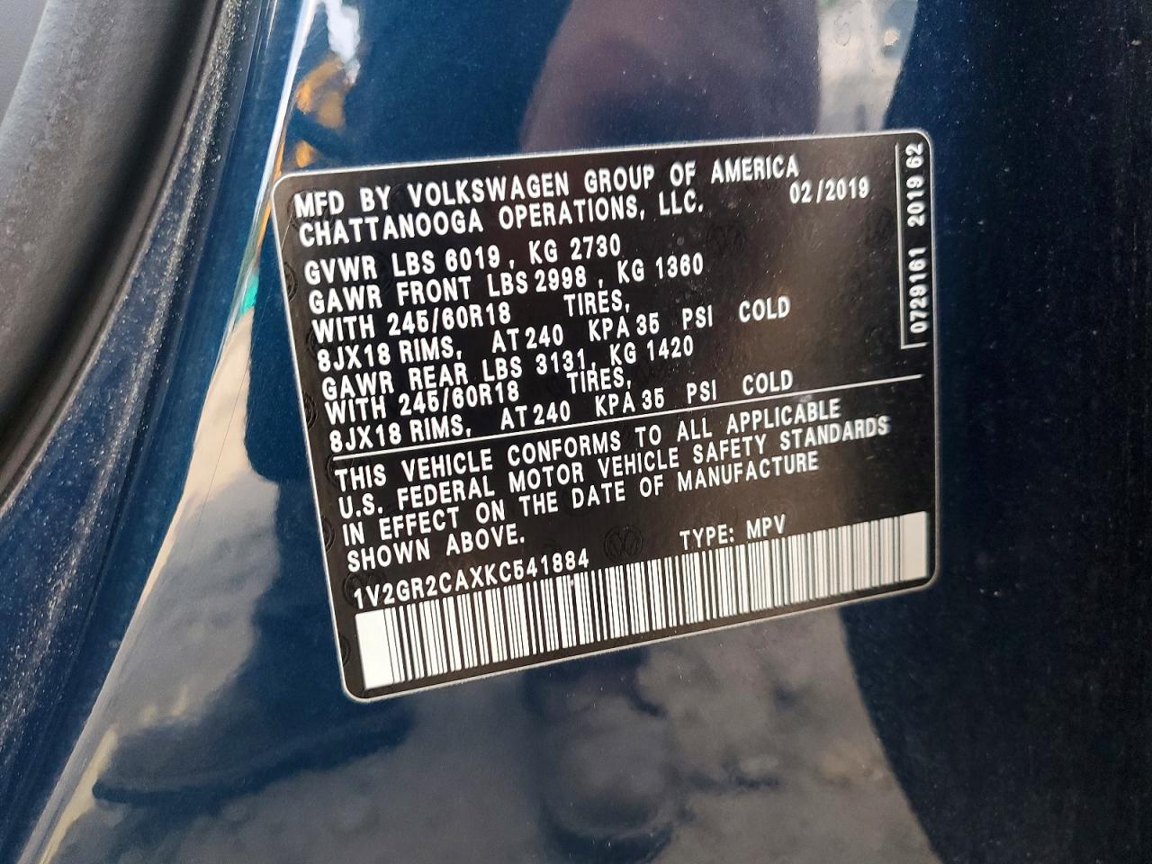 2019 Volkswagen Atlas S Teal vin: 1V2GR2CAXKC541884