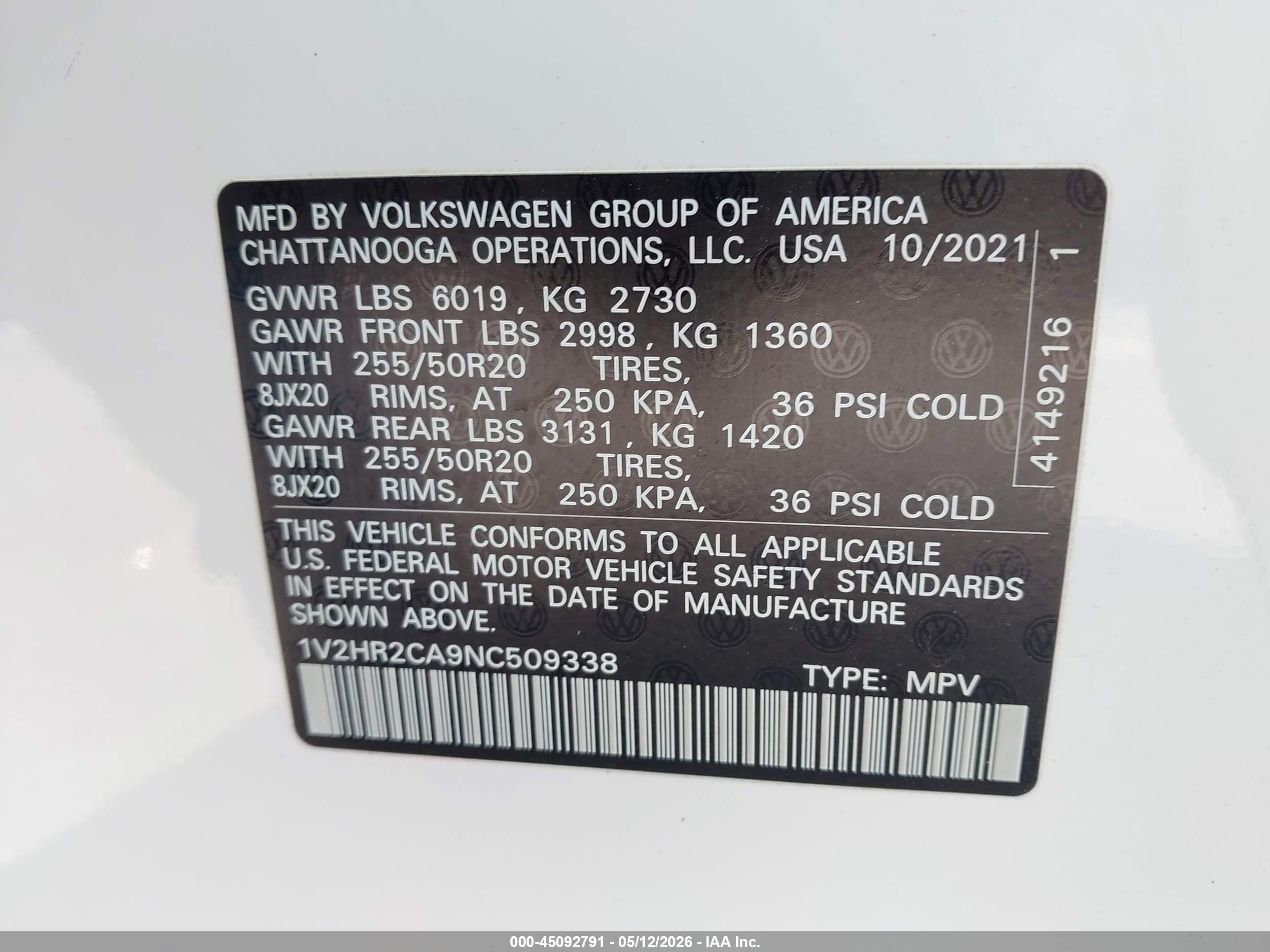 2022 Volkswagen Atlas 3.6l V6 Se W/technology White vin: 1V2HR2CA9NC509338