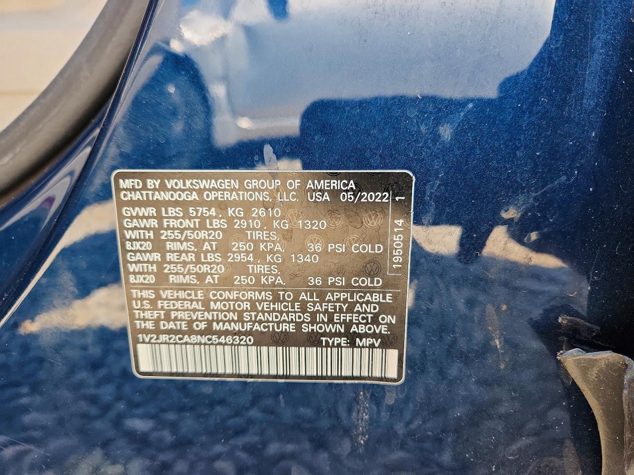 2022 Volkswagen Atlas Se Blue vin: 1V2JR2CA8NC546320