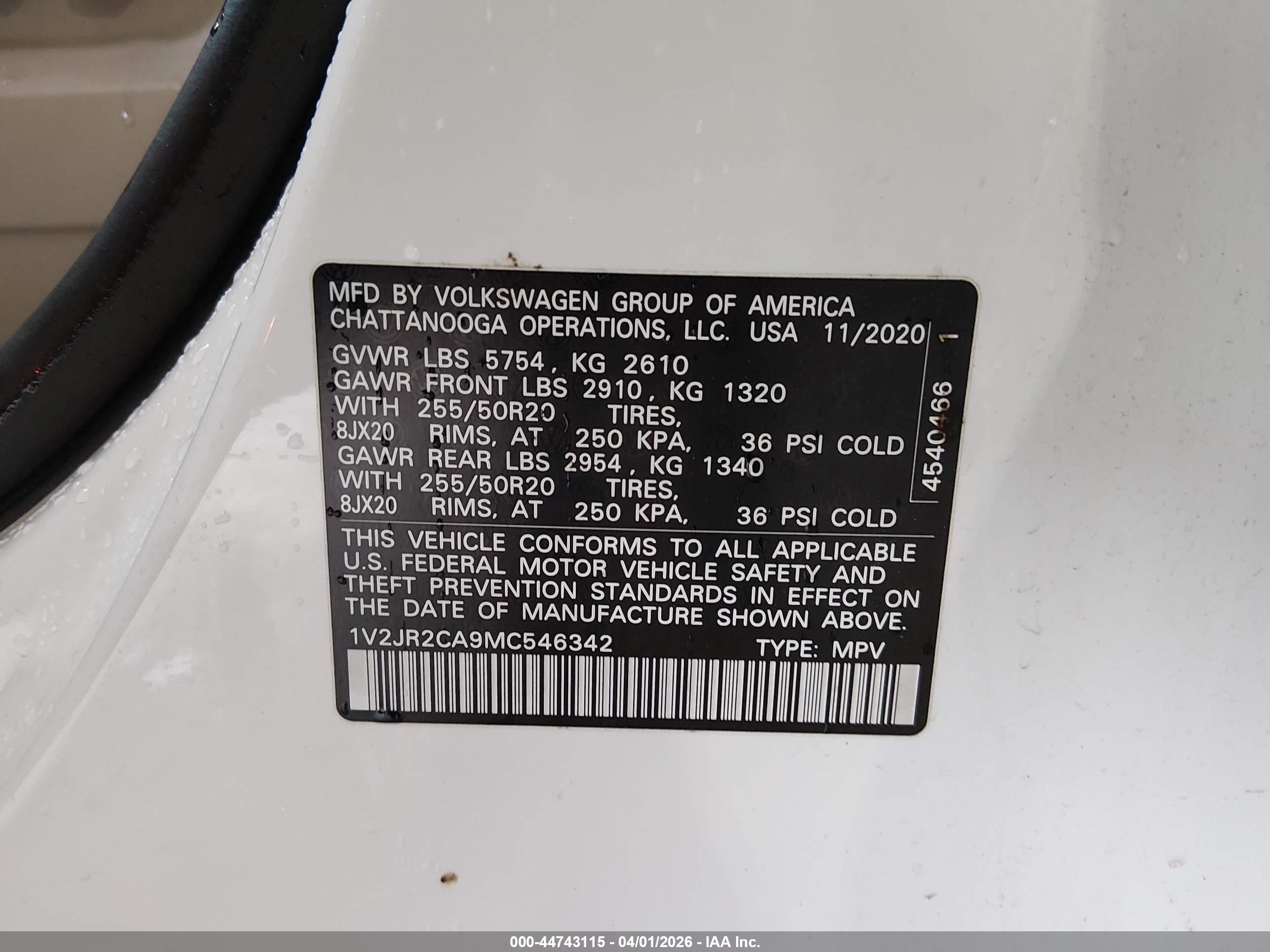 2021 Volkswagen Atlas 3.6l V6 Se W/technology Белый vin: 1V2JR2CA9MC546342