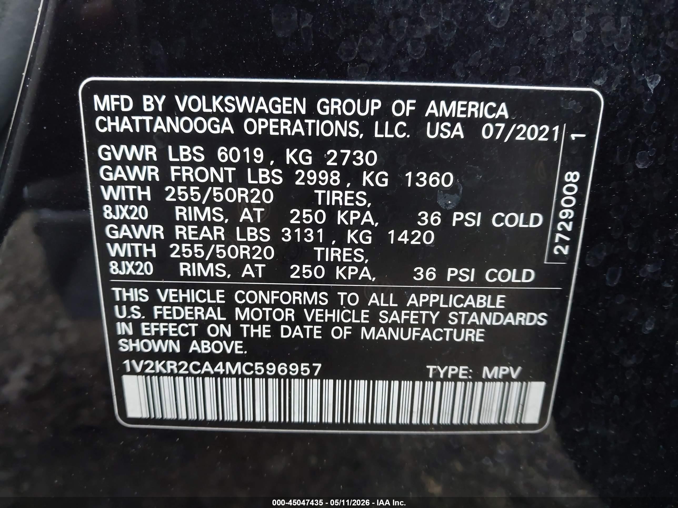 2021 Volkswagen Atlas 3.6l V6 Se W/technology Черный vin: 1V2KR2CA4MC596957