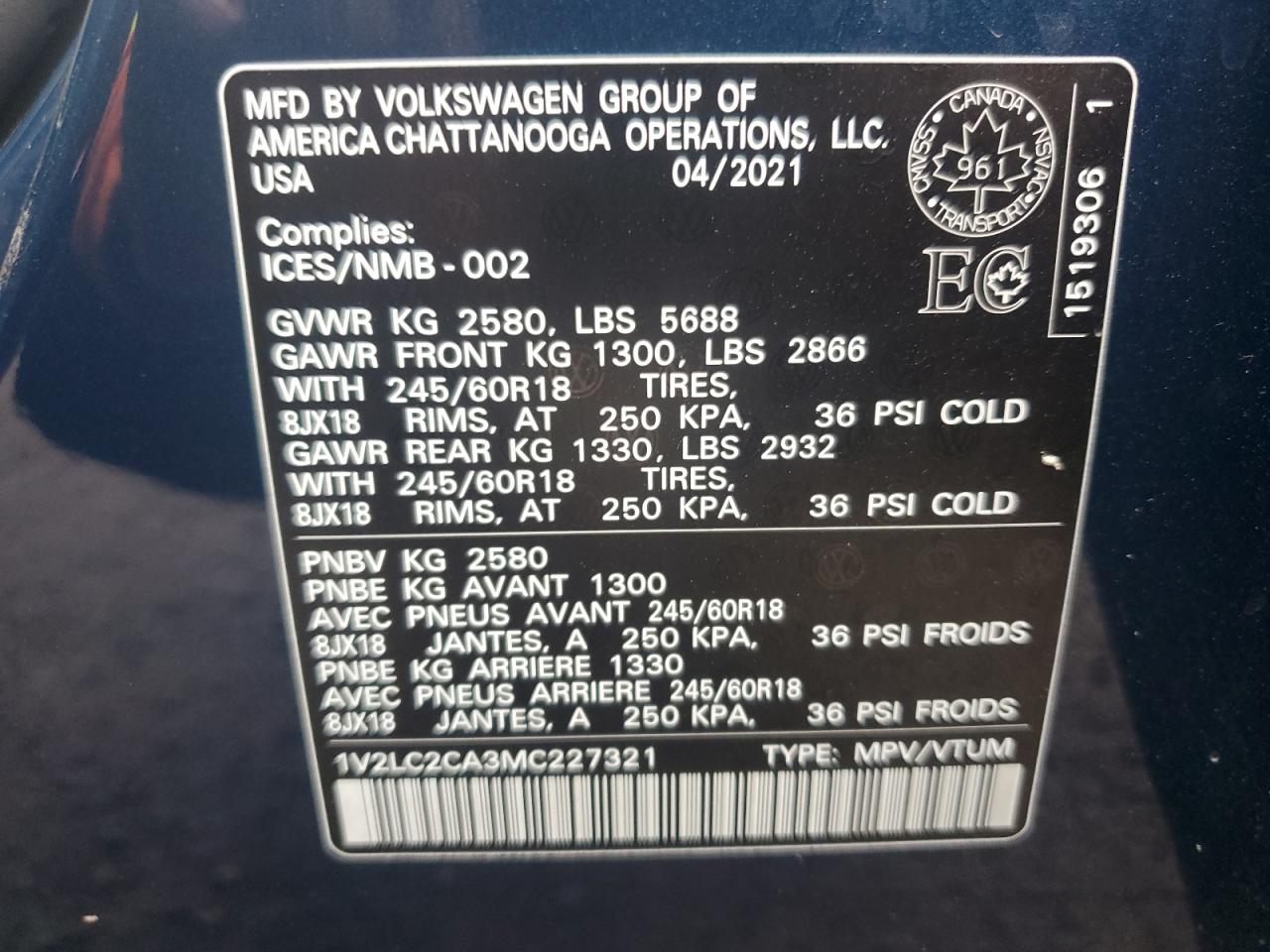2021 Volkswagen Atlas Cross Sport Se Blue vin: 1V2LC2CA3MC227321