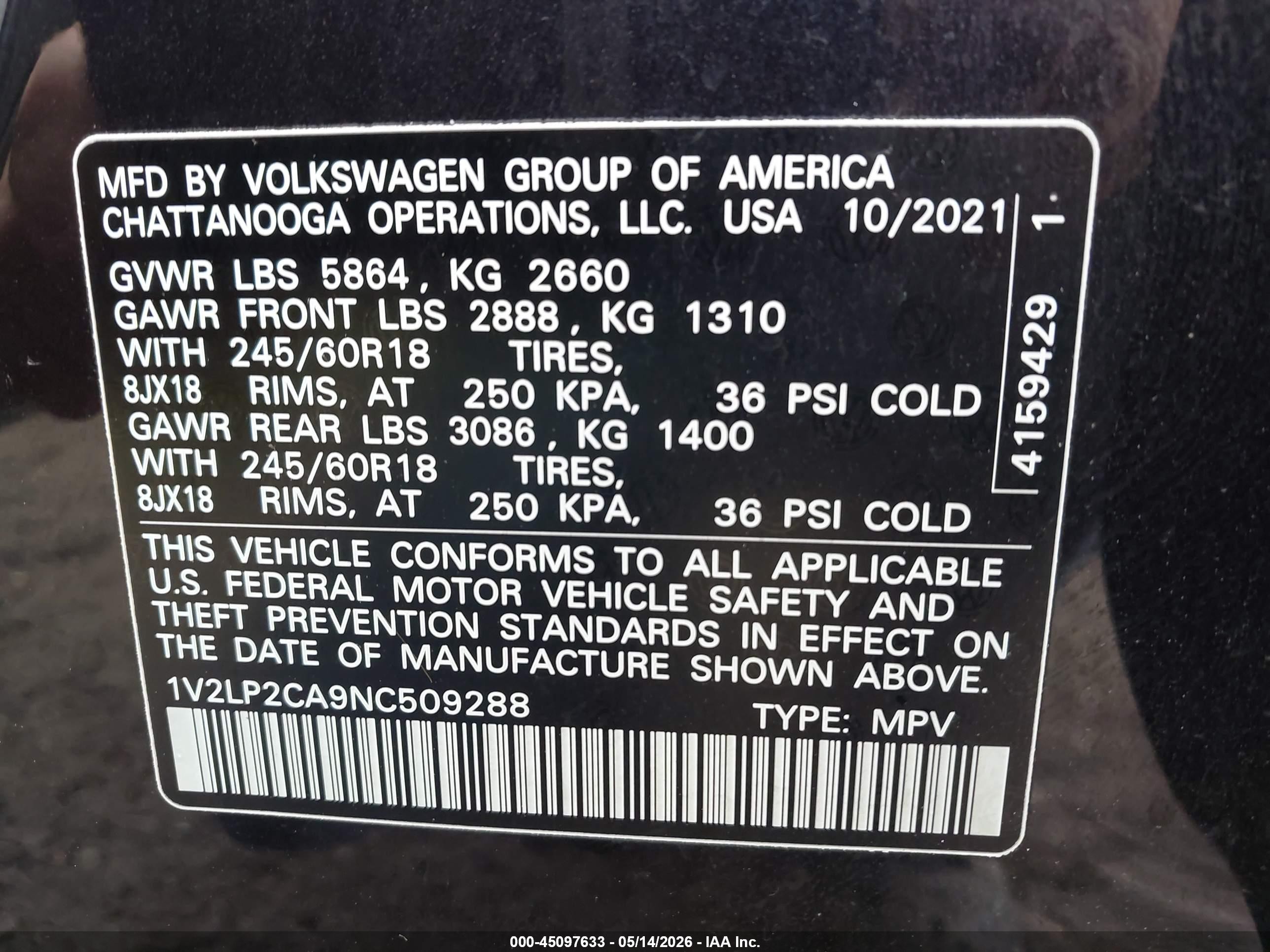 2022 Volkswagen Atlas 2.0t Se Black vin: 1V2LP2CA9NC509288