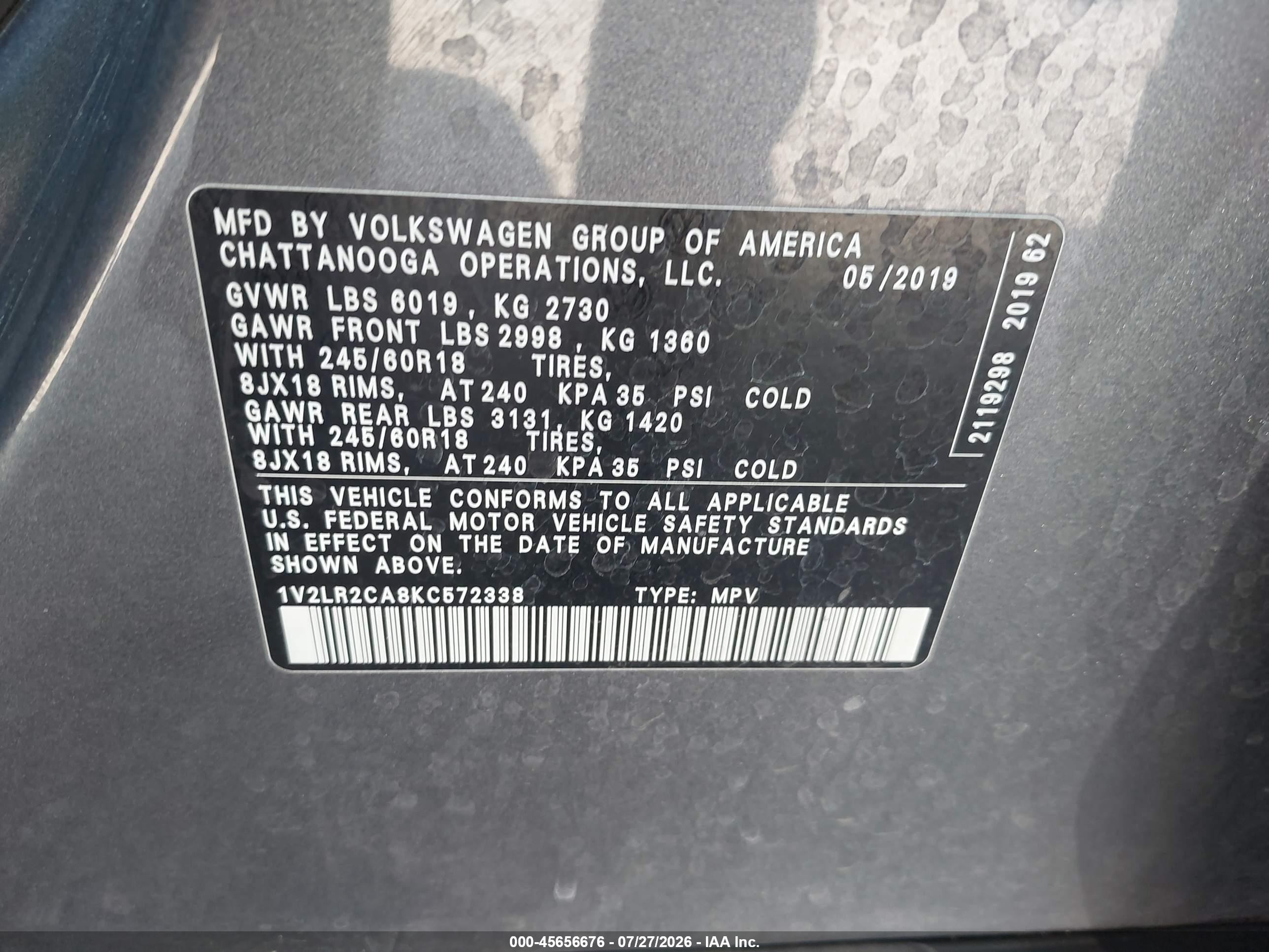 2019 Volkswagen Atlas 3.6l V6 Se Gray vin: 1V2LR2CA8KC572338