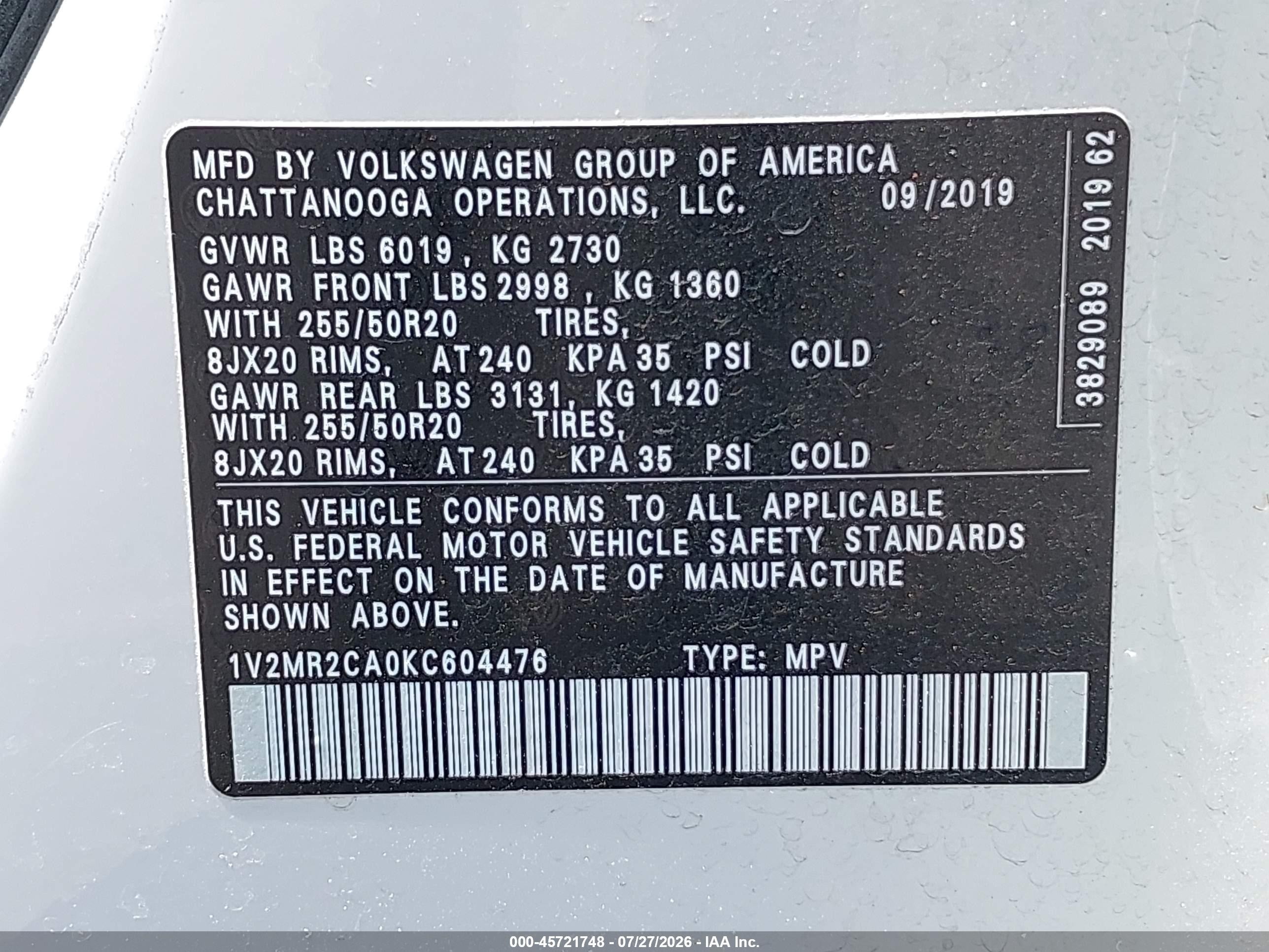 2019 Volkswagen Atlas 3.6l V6 Sel White vin: 1V2MR2CA0KC604476