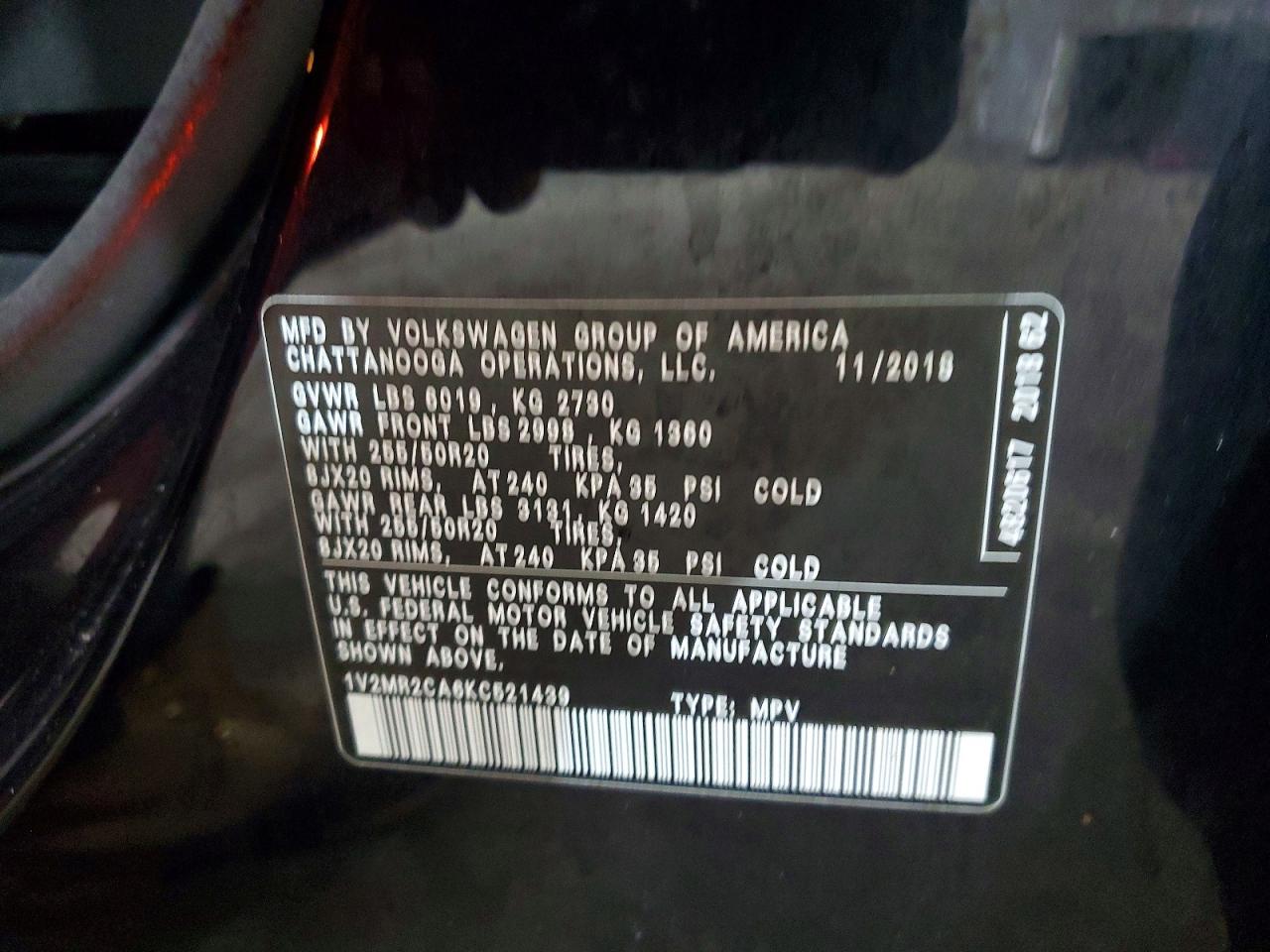 2019 Volkswagen Atlas Sel Black vin: 1V2MR2CA6KC521439