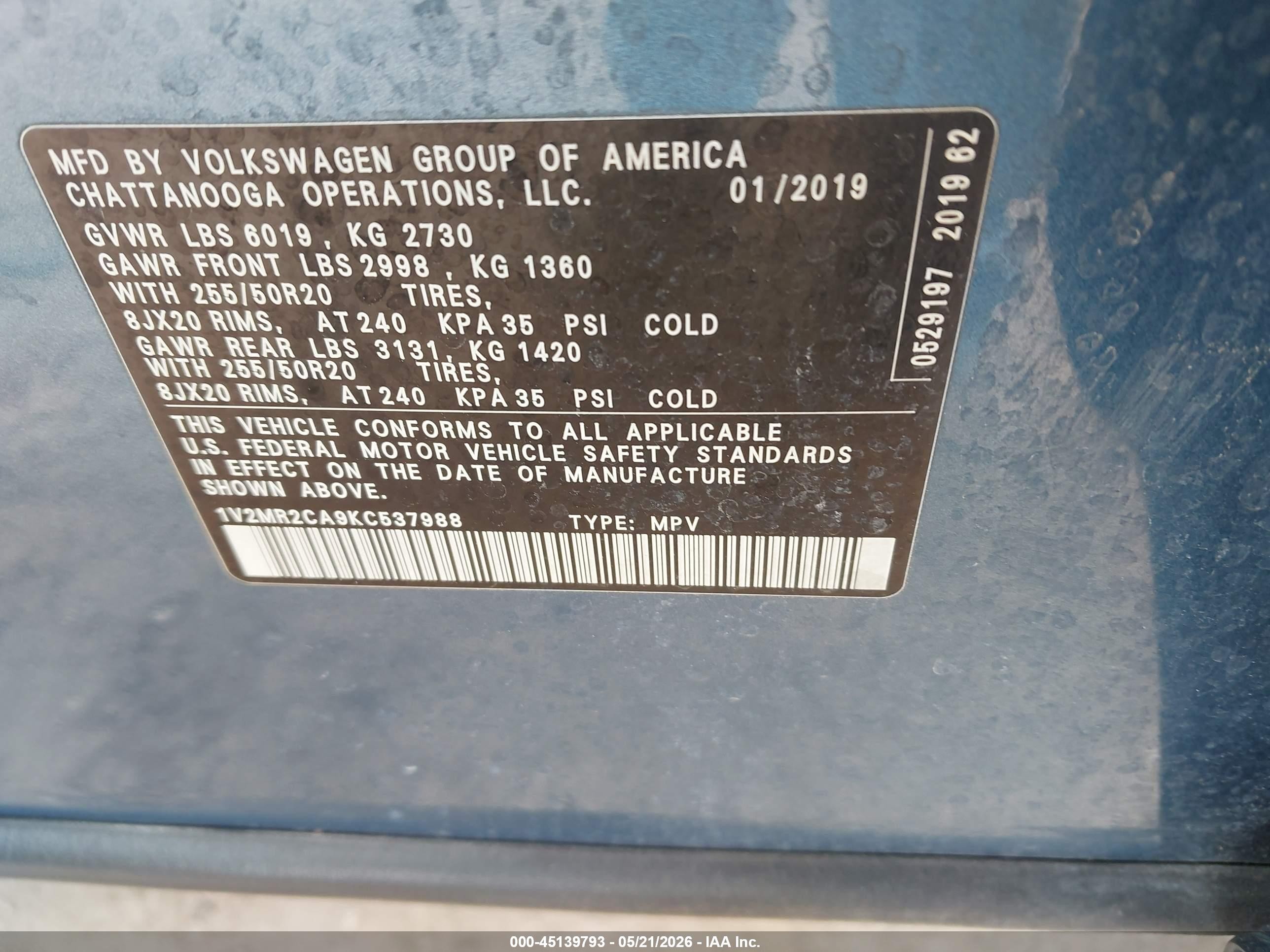 2019 Volkswagen Atlas 3.6l V6 Sel Синий vin: 1V2MR2CA9KC537988