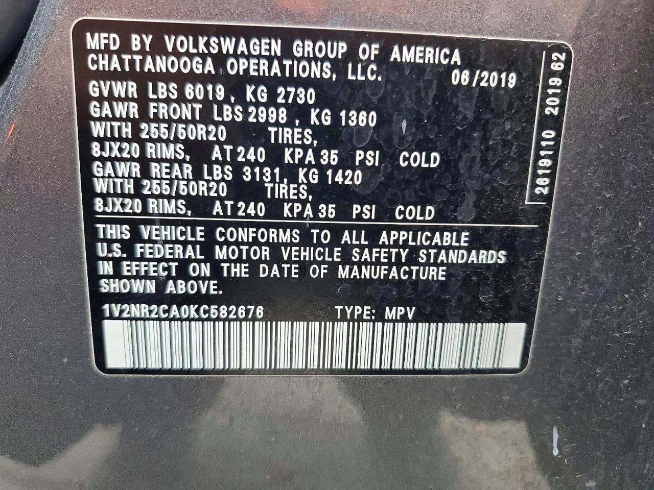2019 Volkswagen Atlas Sel Premium Gray vin: 1V2NR2CA0KC582676