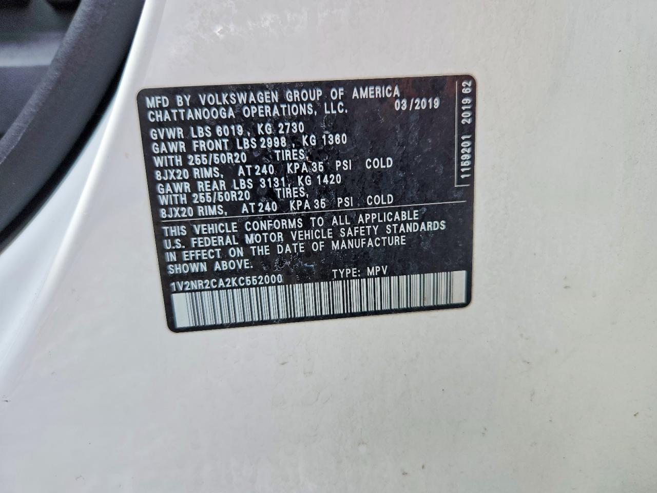 2019 Volkswagen Atlas Sel Premium White vin: 1V2NR2CA2KC552000