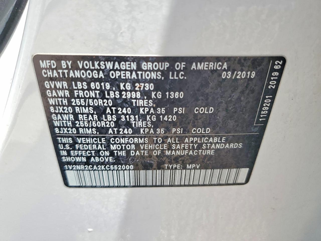 2019 Volkswagen Atlas Sel Premium Белый vin: 1V2NR2CA2KC552000