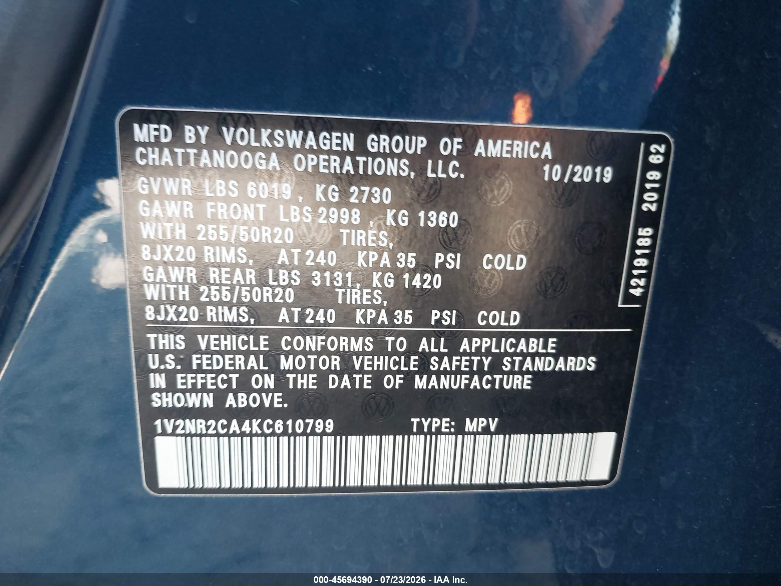 2019 Volkswagen Atlas 3.6l V6 Sel Premium Turquoise vin: 1V2NR2CA4KC610799