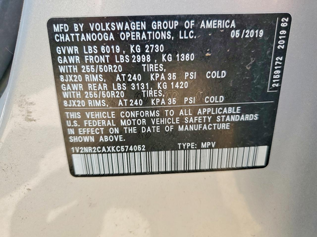 2019 Volkswagen Atlas Sel Premium Silver vin: 1V2NR2CAXKC574052