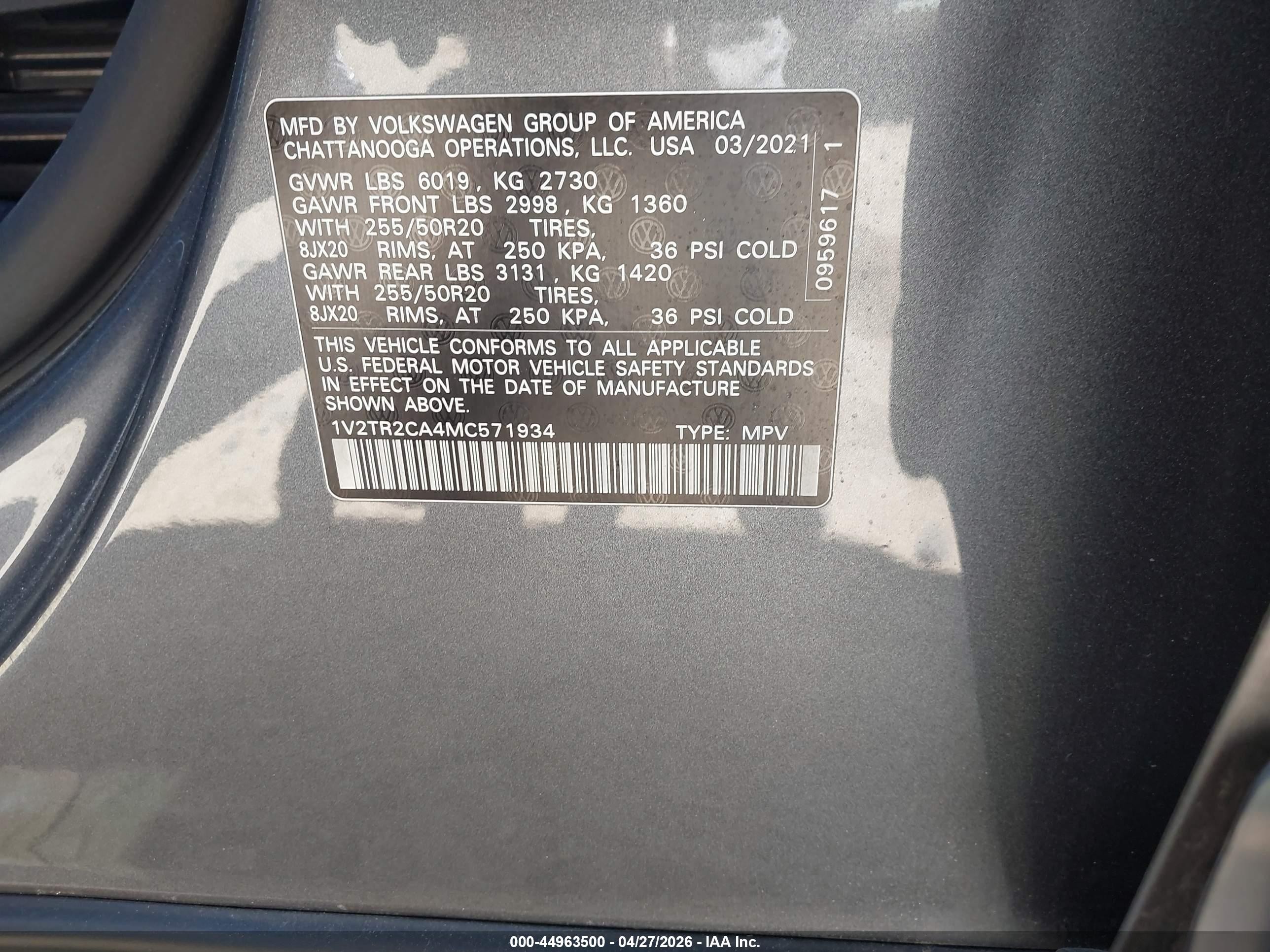 2021 Volkswagen Atlas 3.6l V6 Sel Premium Серый vin: 1V2TR2CA4MC571934