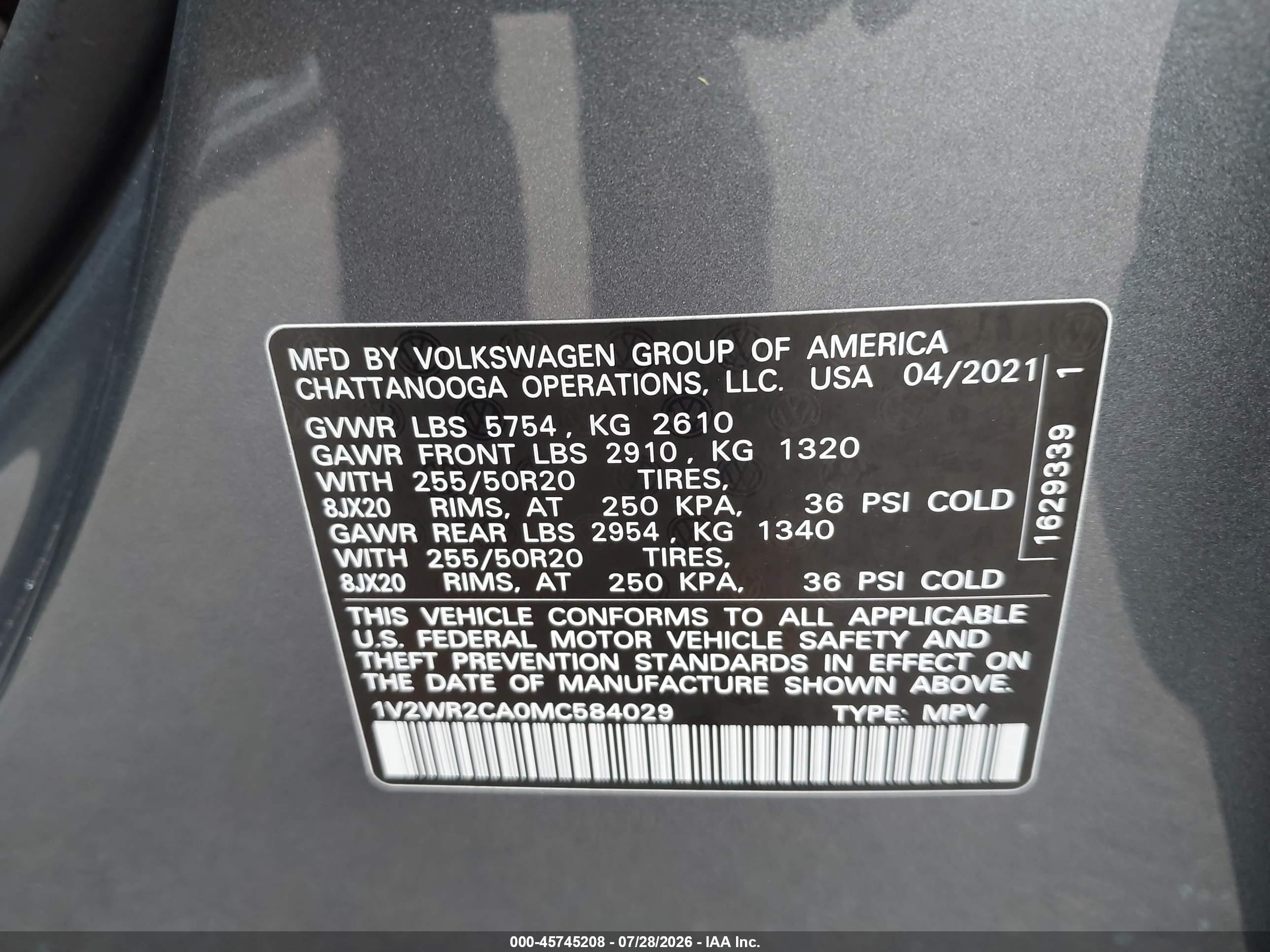 2021 Volkswagen Atlas 3.6l V6 Se W/technology Серый vin: 1V2WR2CA0MC584029