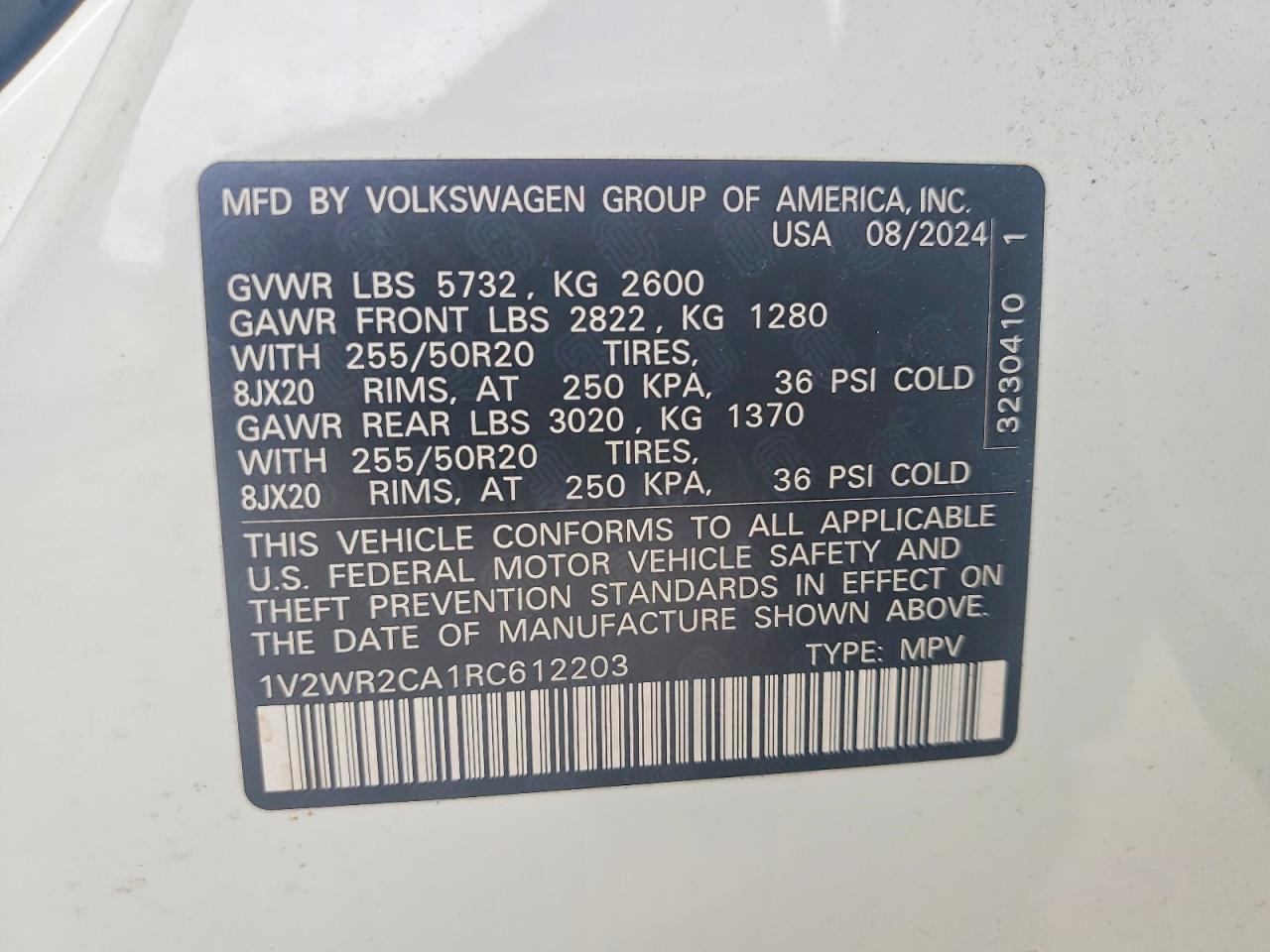 2024 Volkswagen Atlas Se White vin: 1V2WR2CA1RC612203