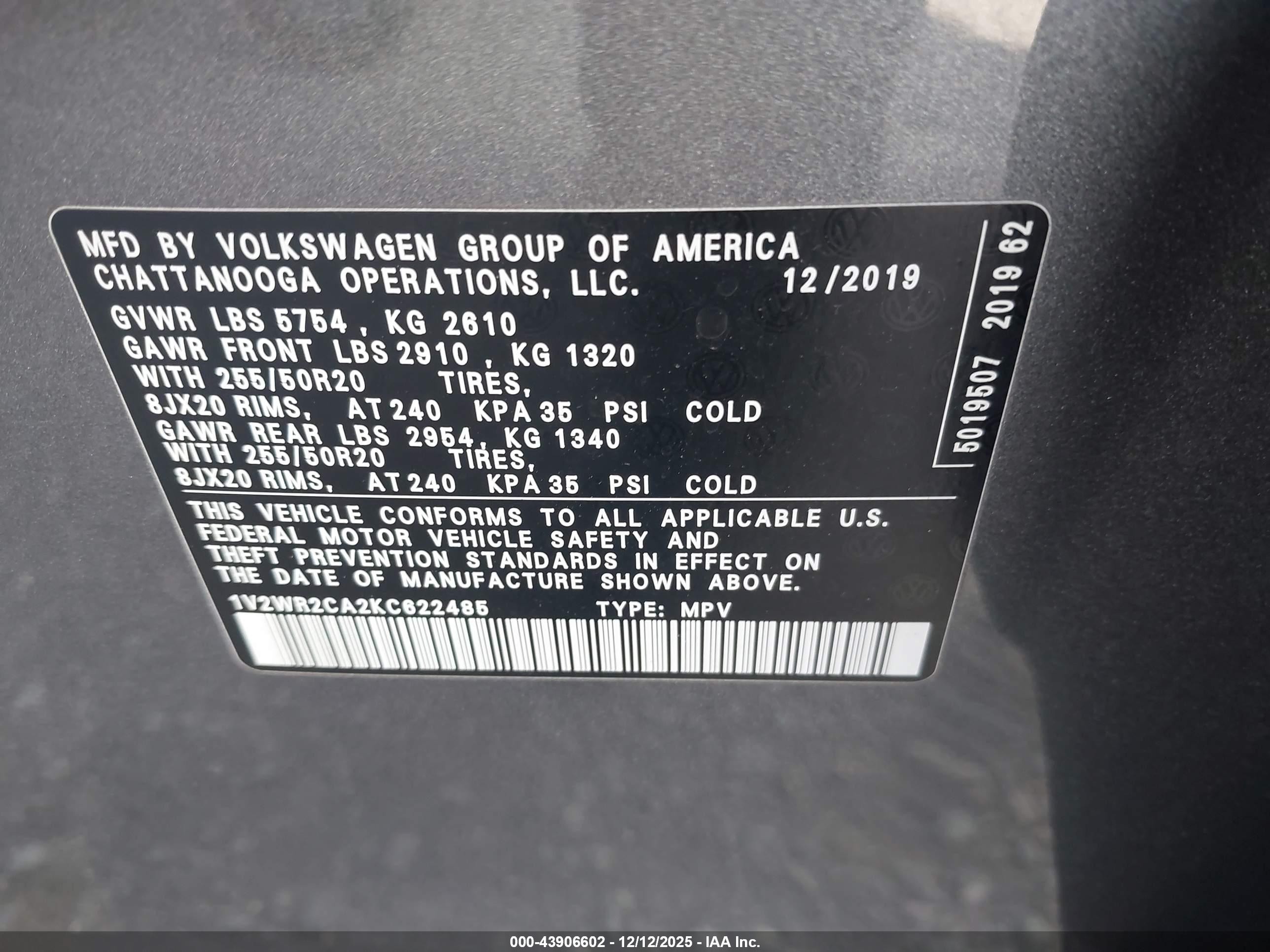2019 Volkswagen Atlas 3.6l V6 Se W/technology Серый vin: 1V2WR2CA2KC622485