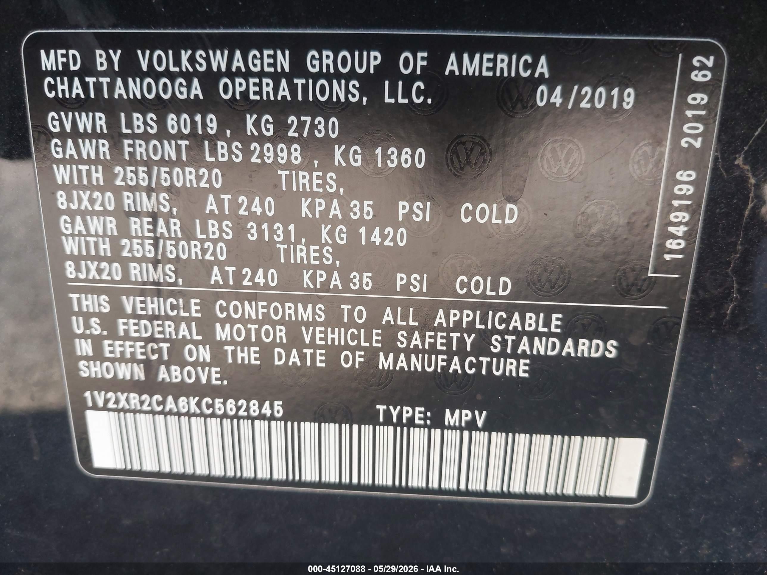 2019 Volkswagen Atlas 3.6l V6 Se W/technology R-line Black vin: 1V2XR2CA6KC562845