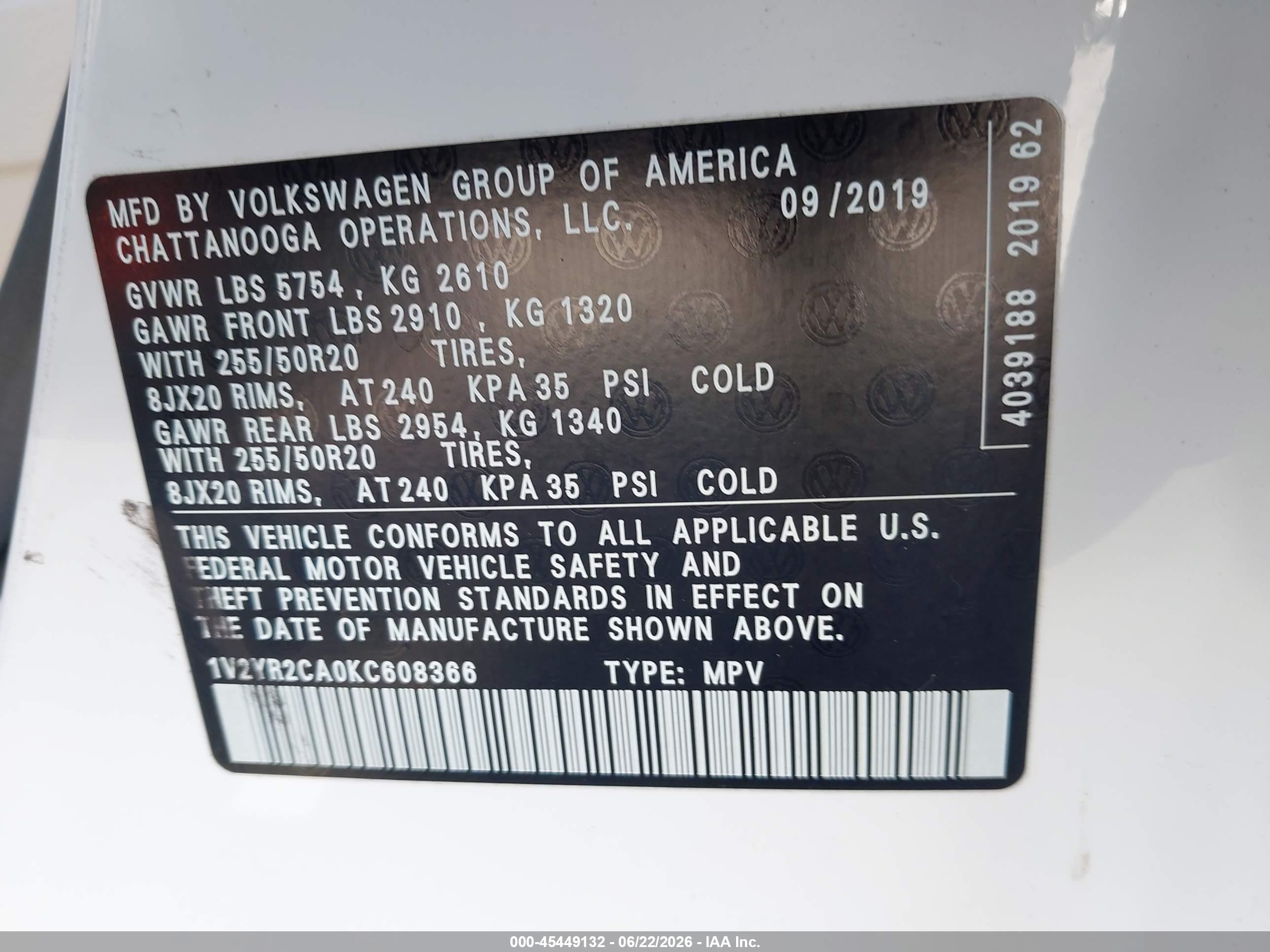 2019 Volkswagen Atlas 3.6l V6 Se W/technology R-line White vin: 1V2YR2CA0KC608366