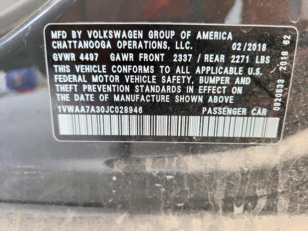 2018 Volkswagen Passat S Charcoal vin: 1VWAA7A30JC028946