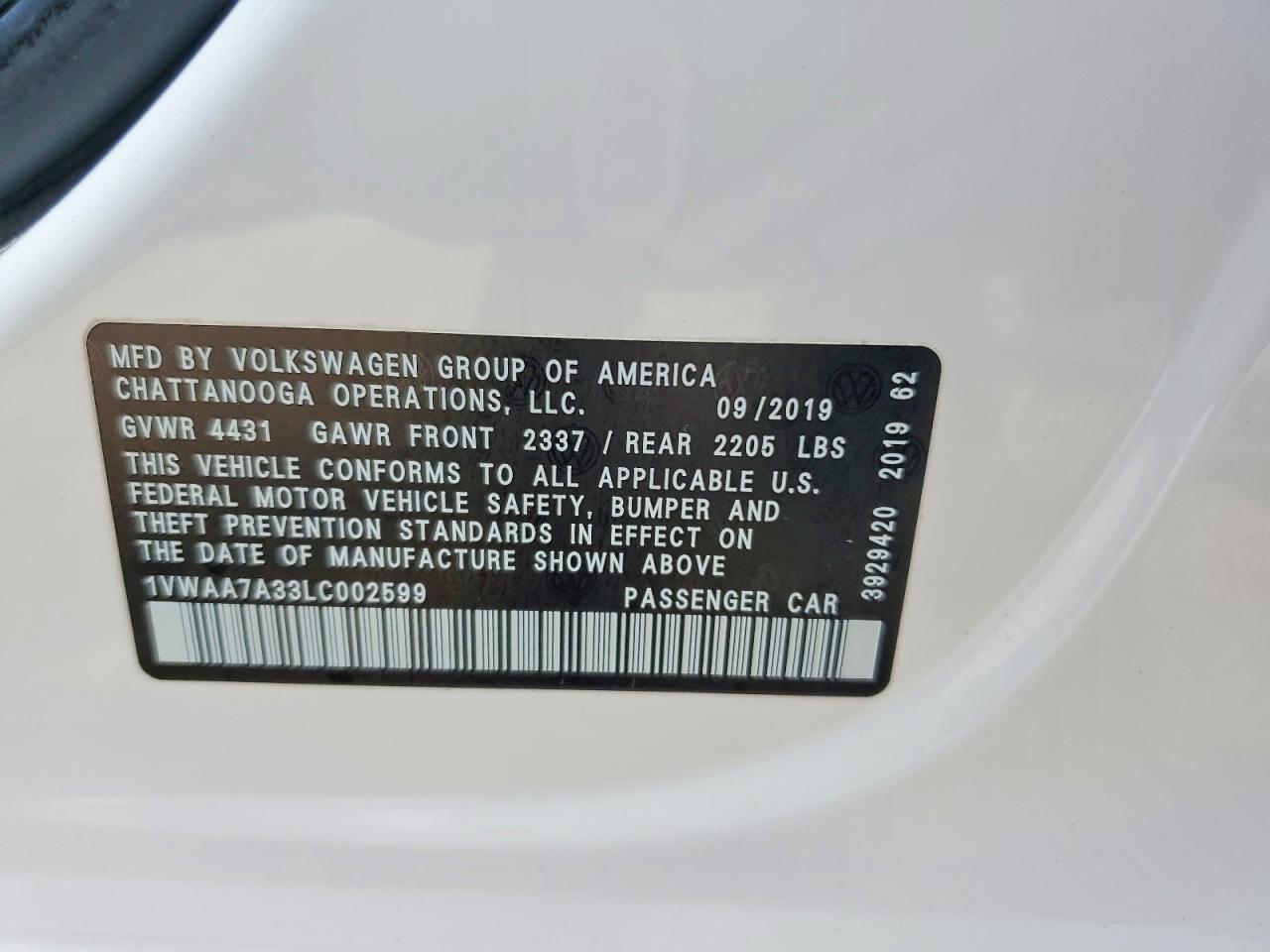 2020 Volkswagen Passat S White vin: 1VWAA7A33LC002599
