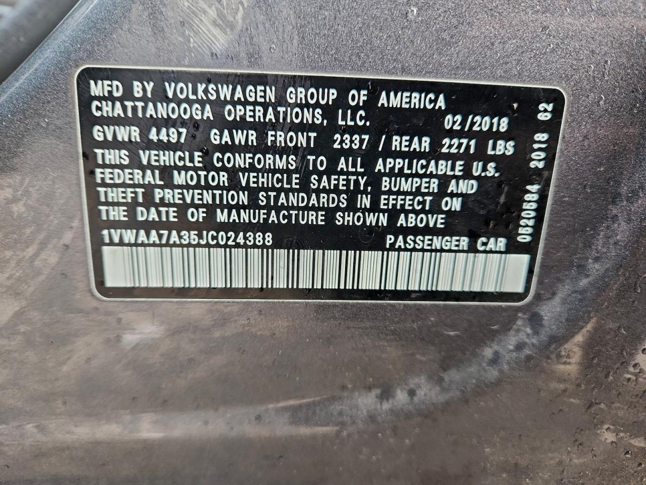 2018 Volkswagen Passat S Gray vin: 1VWAA7A35JC024388