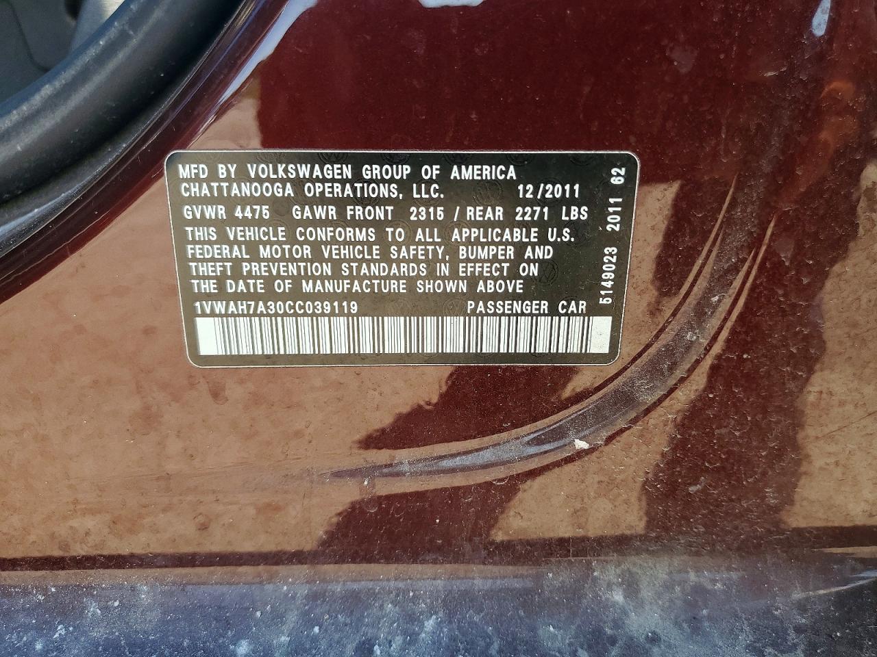 2012 Volkswagen Passat S Burgundy vin: 1VWAH7A30CC039119