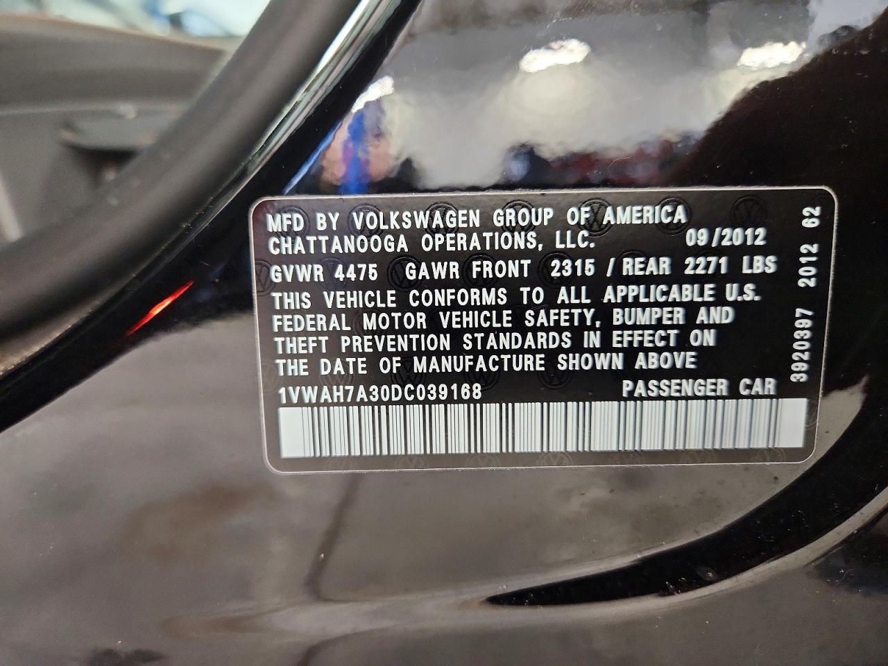 2013 Volkswagen Passat S Black vin: 1VWAH7A30DC039168