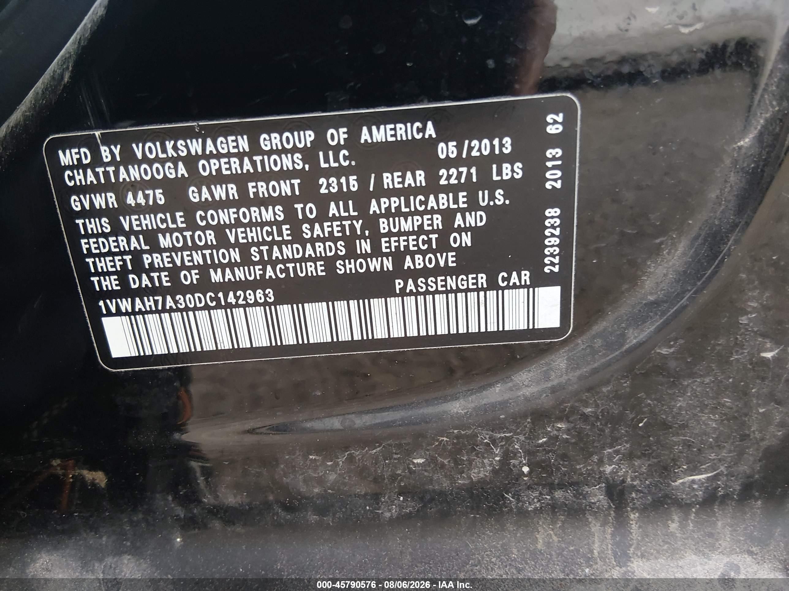 2013 Volkswagen Passat 2.5l Wolfsburg Edition Black vin: 1VWAH7A30DC142963