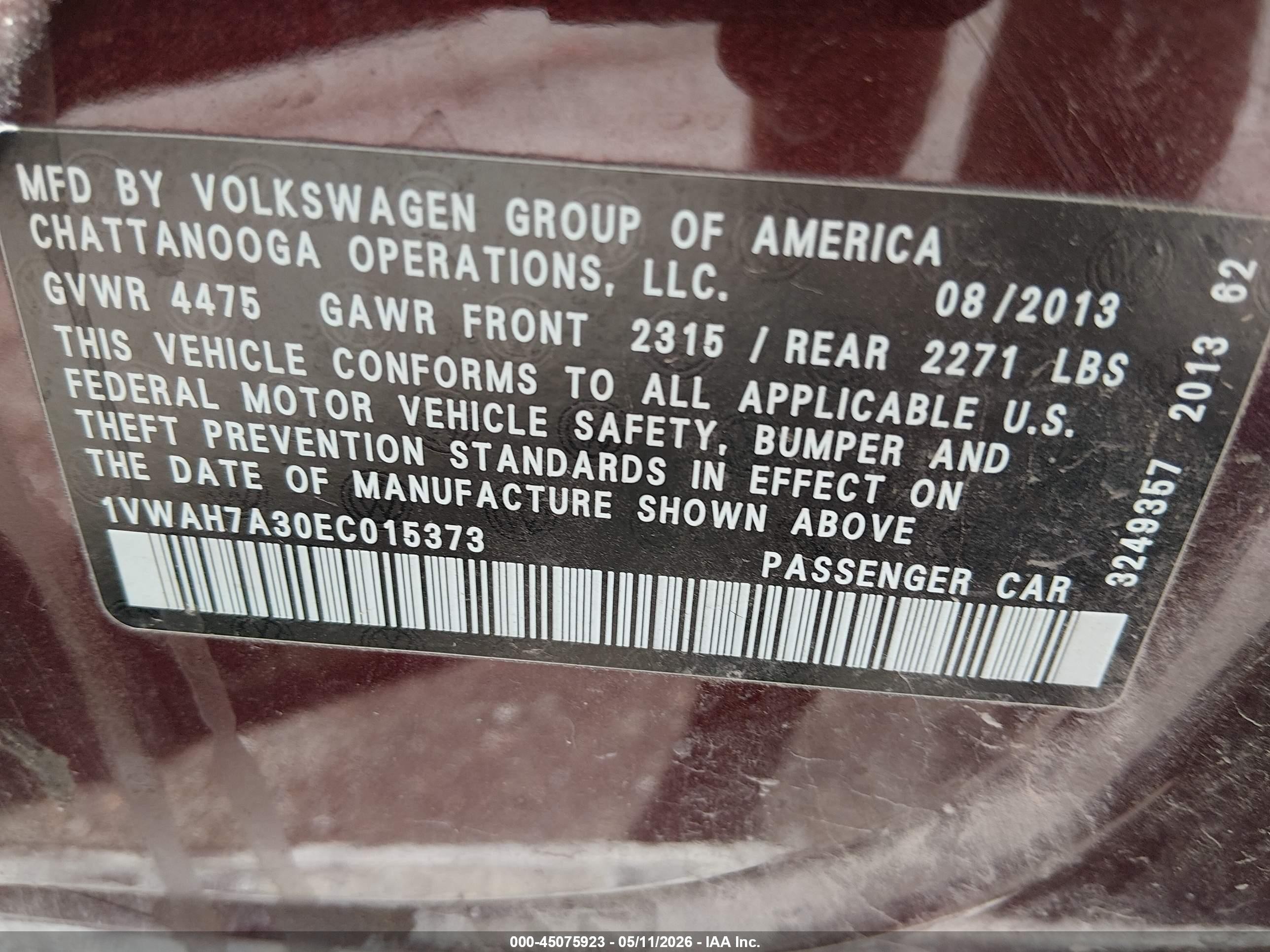 2014 Volkswagen Passat 2.5l Wolfsburg Edition Burgundy vin: 1VWAH7A30EC015373