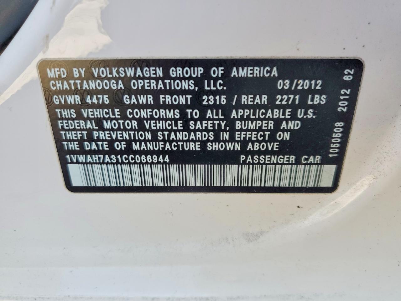 2012 Volkswagen Passat S White vin: 1VWAH7A31CC066944
