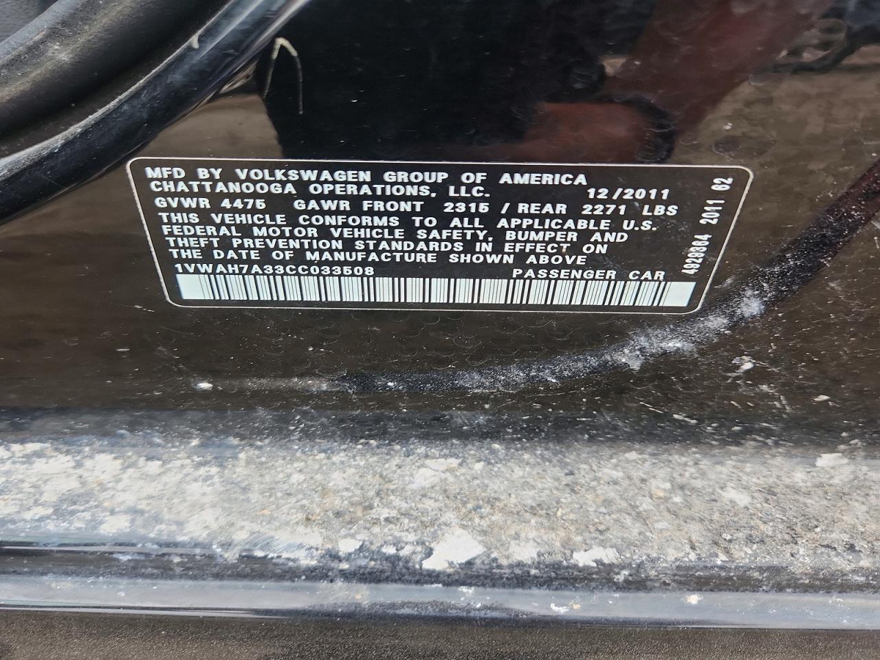 2012 Volkswagen Passat S Черный vin: 1VWAH7A33CC033508
